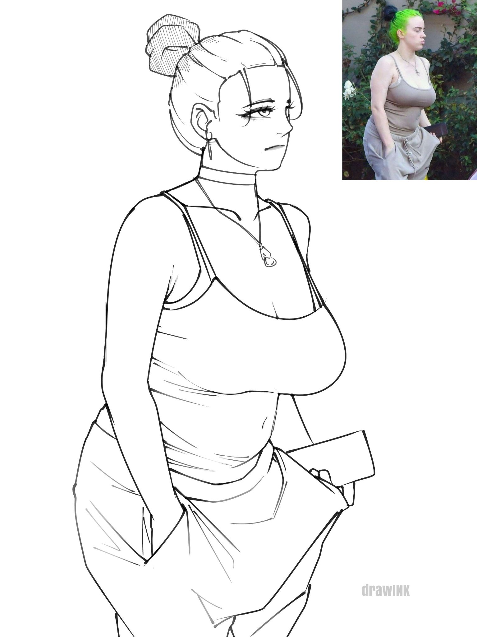 big breasts, billie eilish, bra strap, drawing, drawink, female, female only, hairbun, musician, no color, real person, reference image, reference inset, sagging breasts, sketch