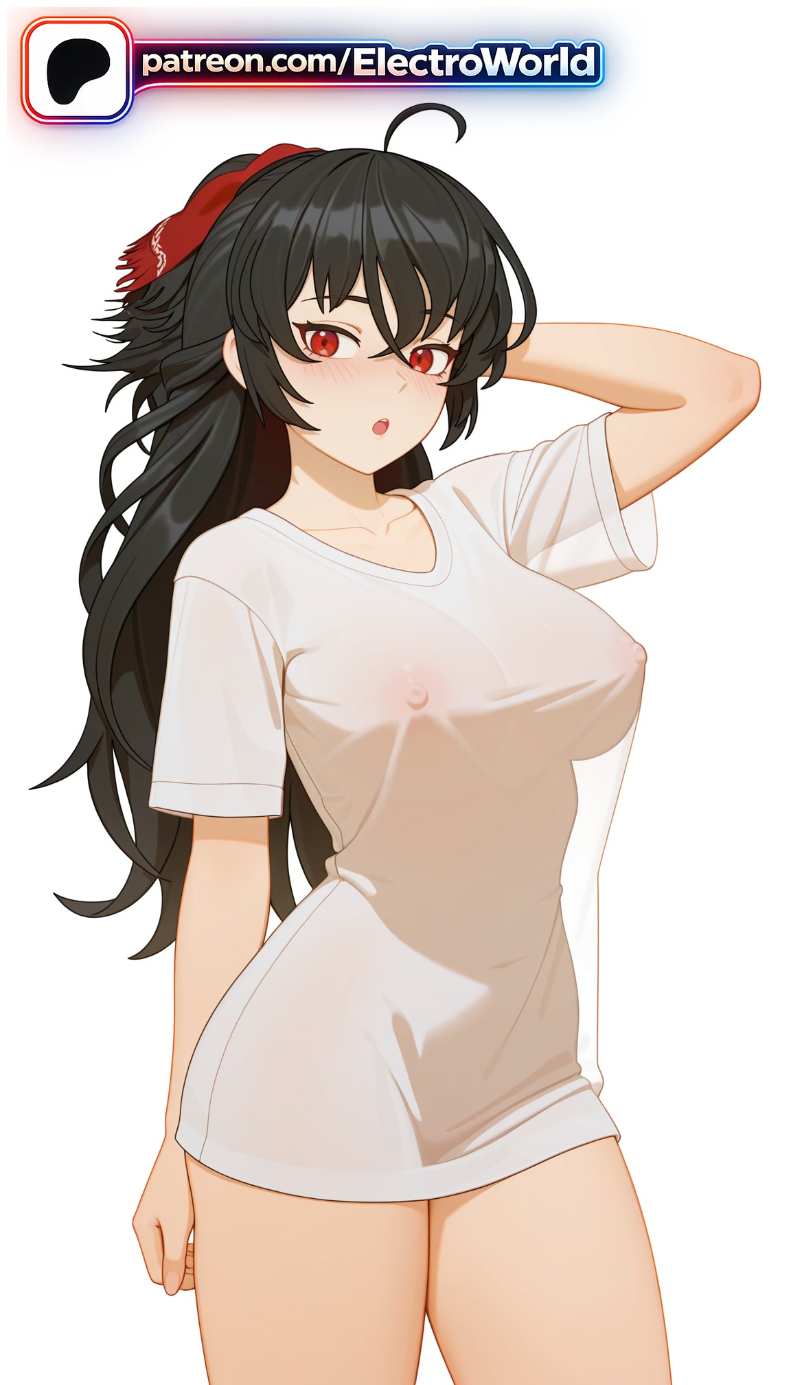 1girls, 2026, ai generated, artist name, black hair, blush, breasts, bust, chest, covered nipples, electroworld, female, hi res, high quality, high resolution, highres, long hair, naked shirt, open mouth, patreon, patreon username, raven branwen, red eyes, rwby, see-through, shirt, solo, stable diffusion, t-shirt, thighs, watermark