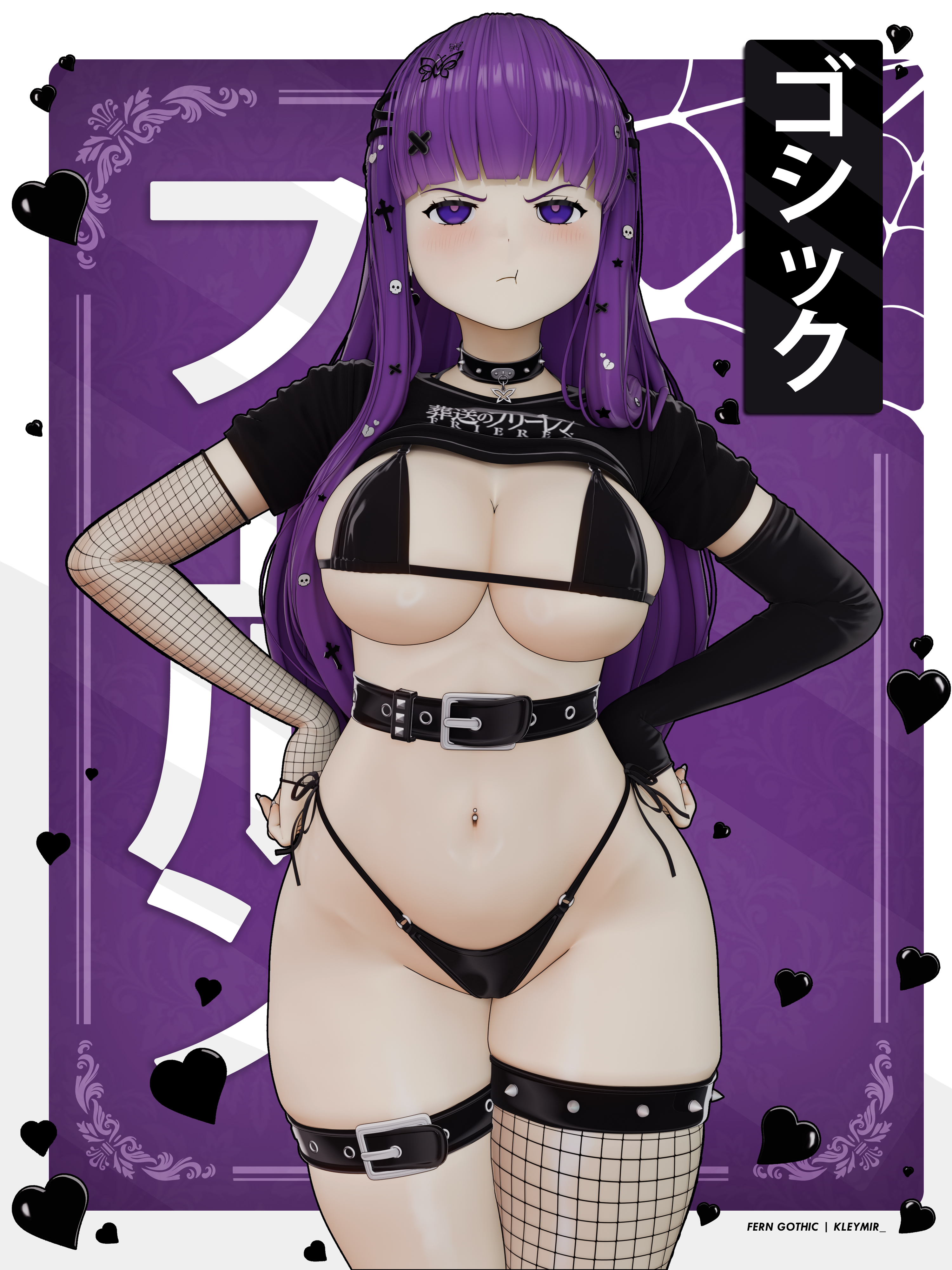 3d, blush, fern (sousou no frieren), fishnet armwear, fishnet legwear, fishnets, frieren beyond journey's end, kleymir, lifted shirt, long hair, pout, purple hair, skindentation, string bikini