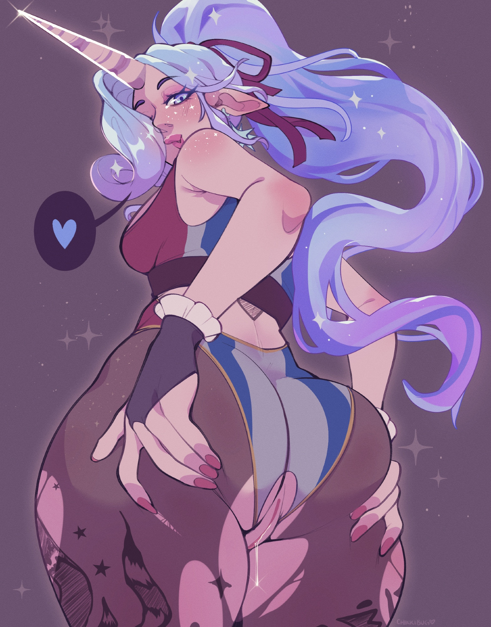 1girls, 2026, ass, big ass, blue eyes, bodily fluids, breasts, celeste (deadlock), chikkibug, curly hair, deadlock, from behind, heart, hi res, holding ass, long ears, long hair, magic, magical girl, purple hair, queenchikkibug, ribbon, ripped clothing, sideboob, sparkles, standing, tattoos, unicorn, unicorn horn