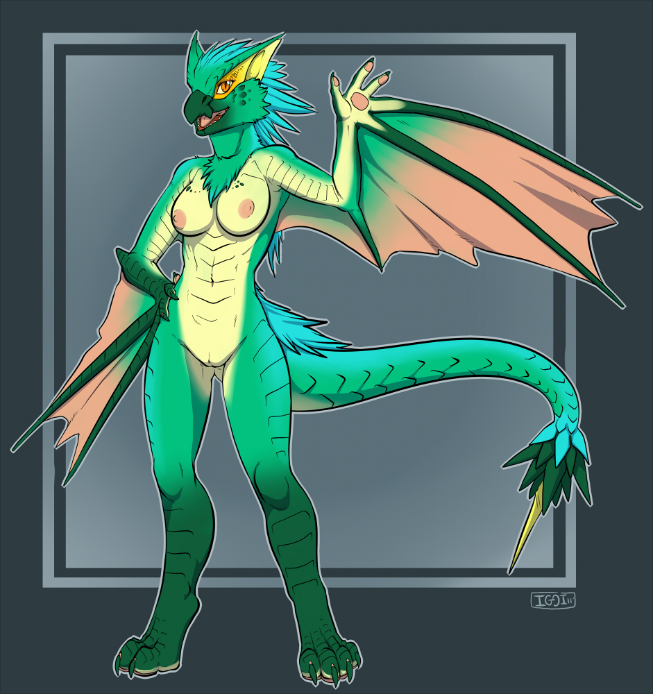 anthro beak breasts female green iggi monster_hunter nargacuga pseudowyvern pussy solo standing video_games wings wyvern