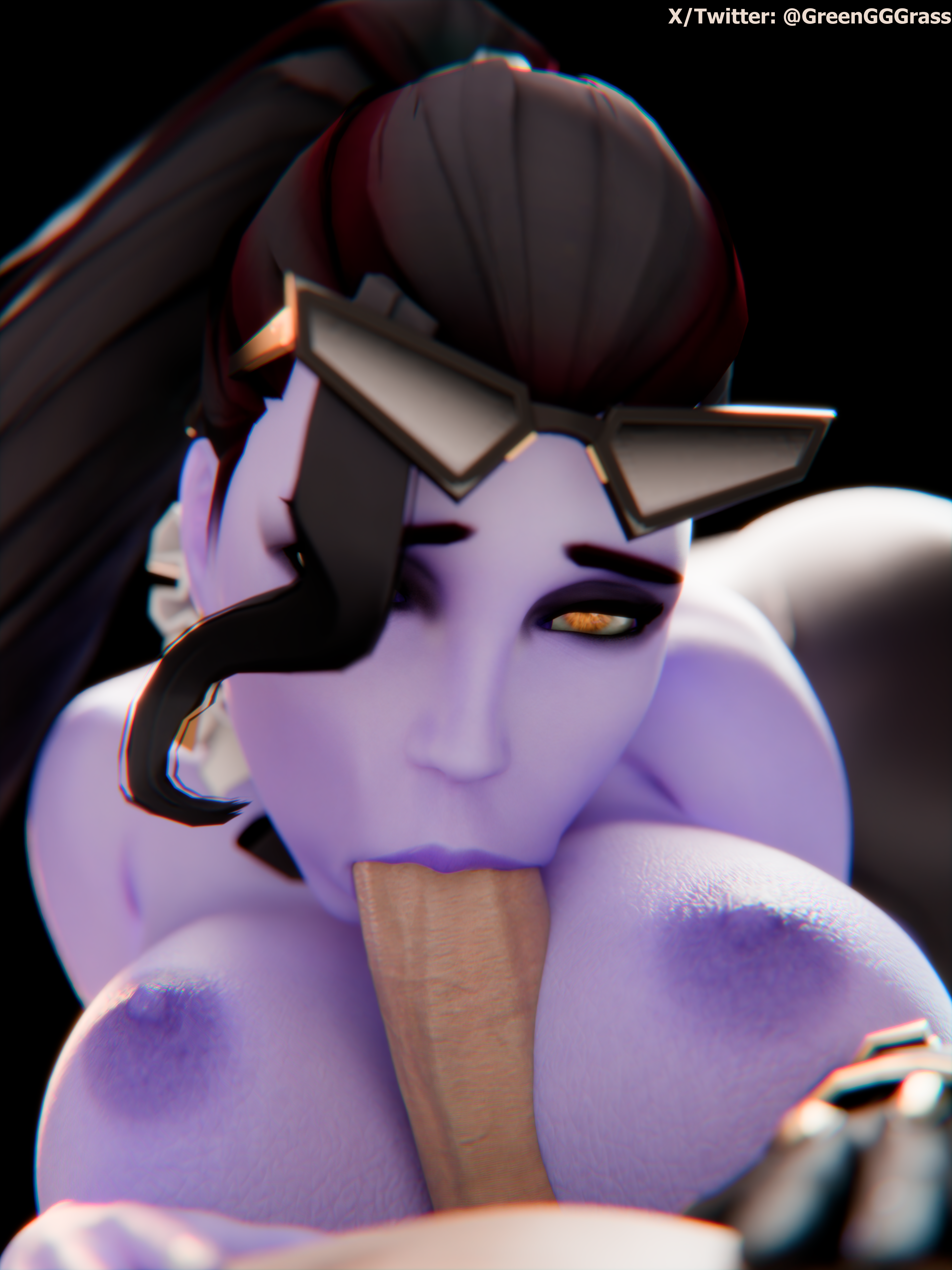 :>=, 3d, 3d (artwork), areolae, big areola, big ass, big breasts, big nipples, black hair, blender, blender (software), blowjob, blowjob face, chromatic aberration, glasses, gloved hands, greengrass, lipstick, long hair, looking at viewer, oral, orange eyes, overwatch, overwatch 2, overwatch league, principal lacroix, purple body, purple lipstick, render, seductive, seductive eyes, self upload, sexy pose, widowmaker