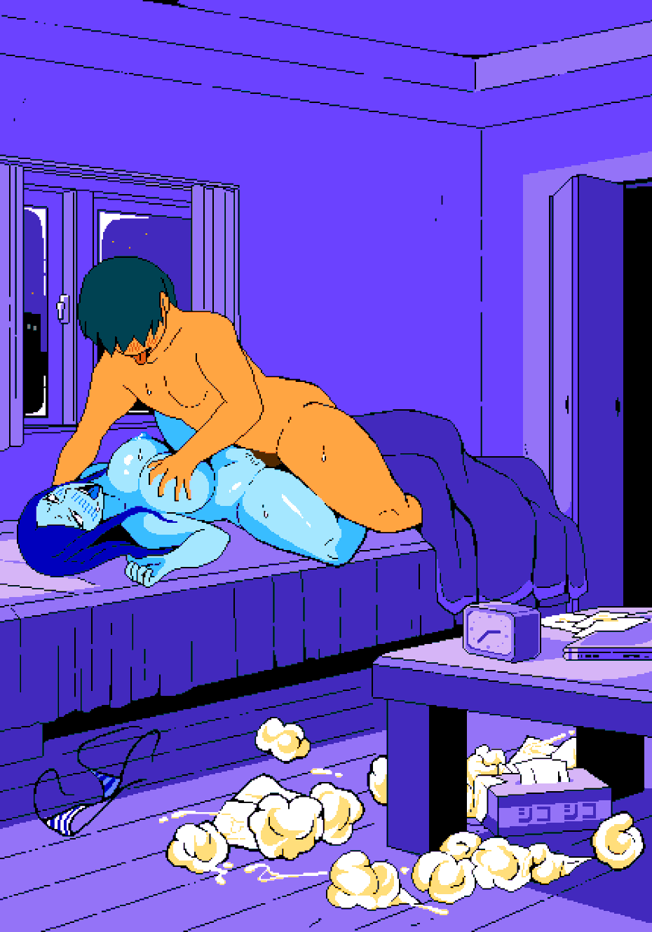 1boy 1girls 2d animated areolae bed bedroom bikini bikini_top_removed blue_body blue_skin blush breasts clock cum cum_on_floor game_cg ghost ghost_(jermaneels) ghost_girl hand_on_breast jermaneels long_hair loop looping_animation missionary_position nipples nude nude_female nude_male open_mouth penis pixel_animation pixel_art pussy sex string_bikini strip_rock-paper-scissors_-_ghost_edition striped_bikini thick_thighs thighs tissue tissue_box tongue tongue_out vaginal_penetration window