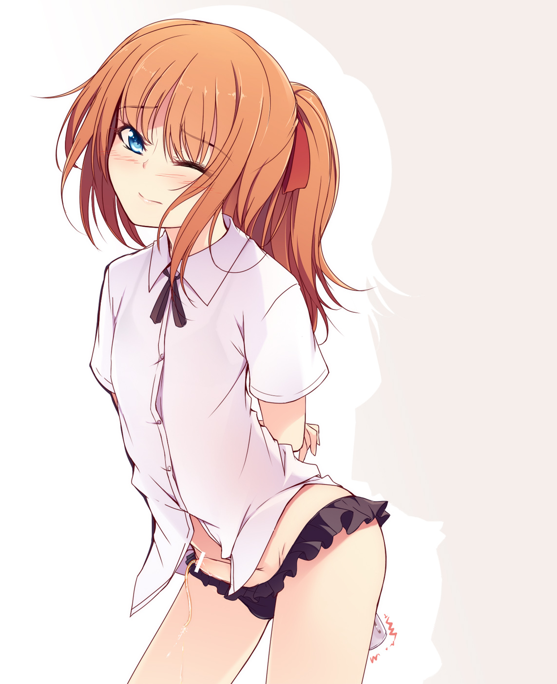 1boy, anal, anal insertion, arched back, blue eyes, blush, bra, bulge, catheter, censored, crossdressing, femboy, gay, girly, highres, insertion, kitamori juu, long hair, male, male only, male urethral insertion, orange hair, original, panties, penile urethral insertion, penis, ponytail, ribbon, see-through, shirt, simple background, solo, tied hair, underwear, urethral insertion, vibrator, white background, white shirt, wince, yaoi