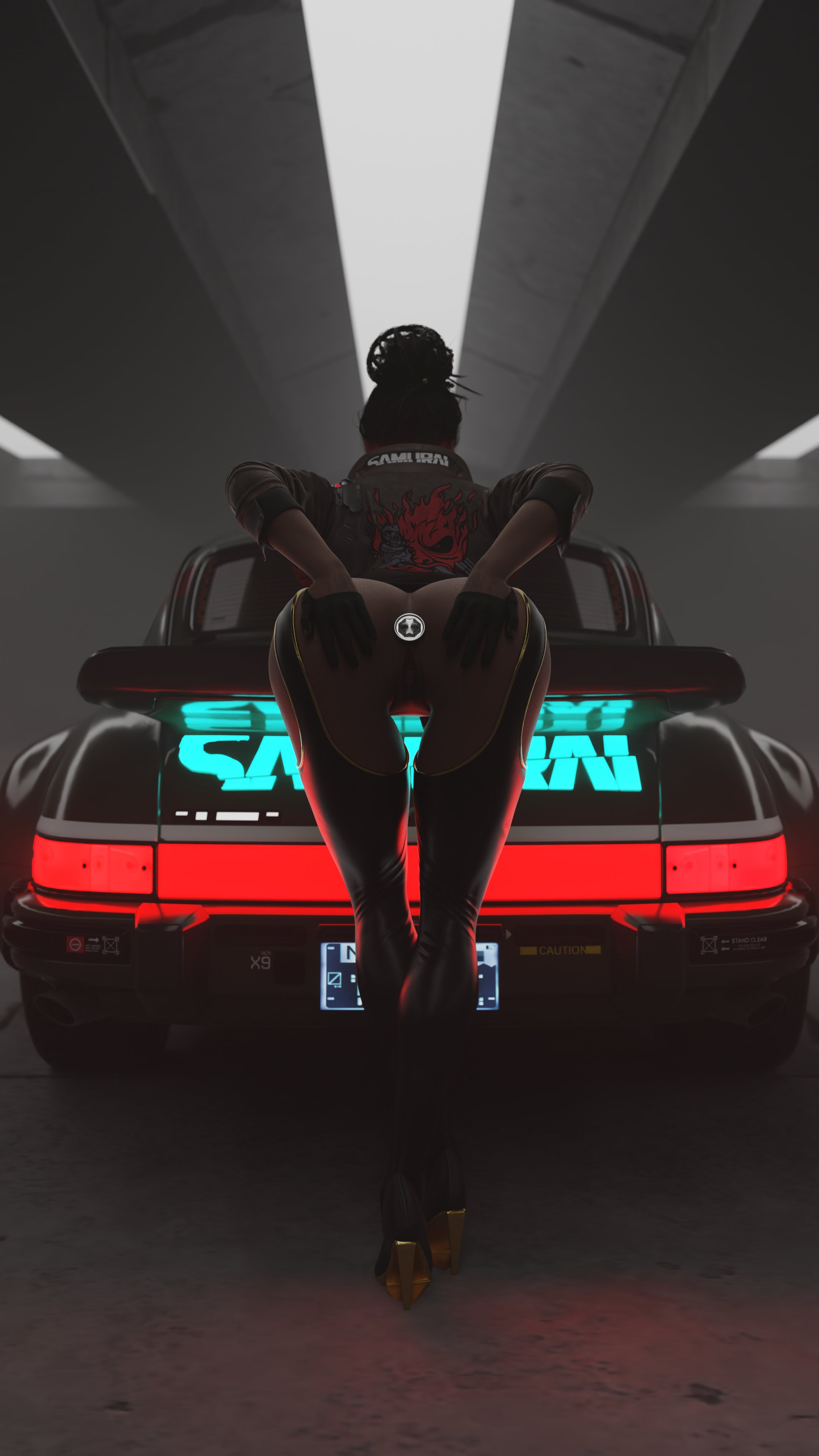 1girls, 3d, 3d (artwork), bent over, buttplug, car, cd projekt red, cyberpunk 2077, dark skin, dark-skinned female, female, female focus, female only, gloves, ground vehicle, motor vehicle, offmodelstudio, panam palmer, spread ass, tagme