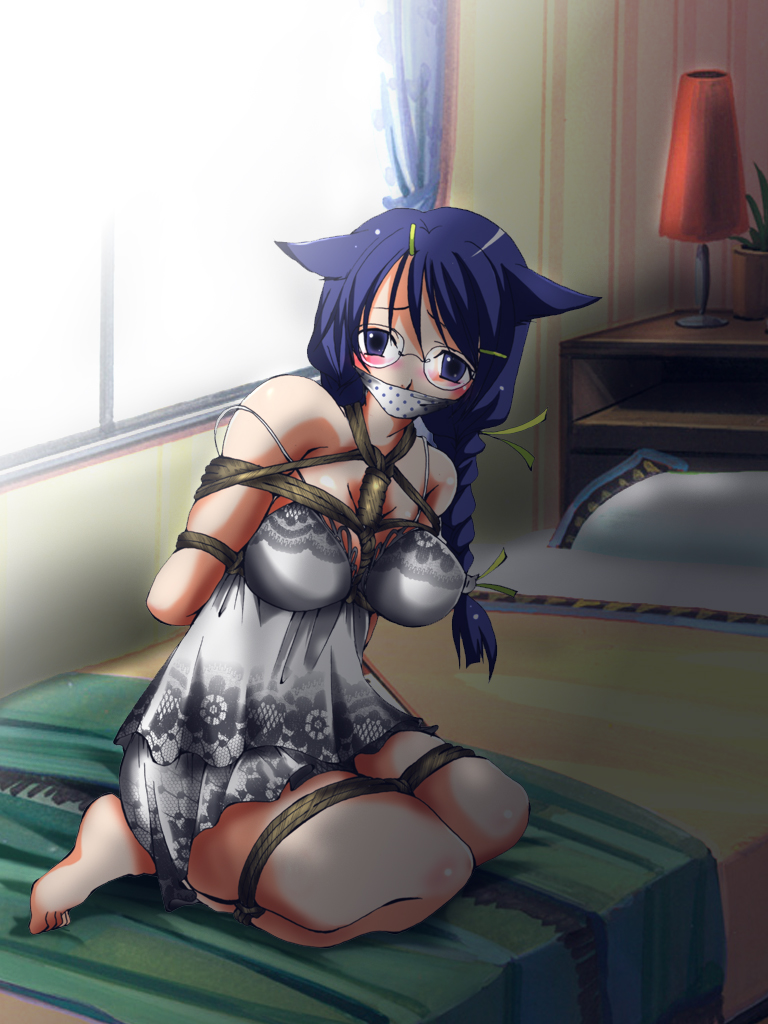 animal_ears arms_behind_back bakemonogatari barette bed black_hanekawa blue_eyes blue_hair blush bondage braid breasts cat_ears catgirl female gag gagged glasses hanekawa_tsubasa kneeling large_breasts monogatari_(series) nightgown nightie open_window over_the_mouth_gag panties pillow plant rope schoolgirl solo underwear