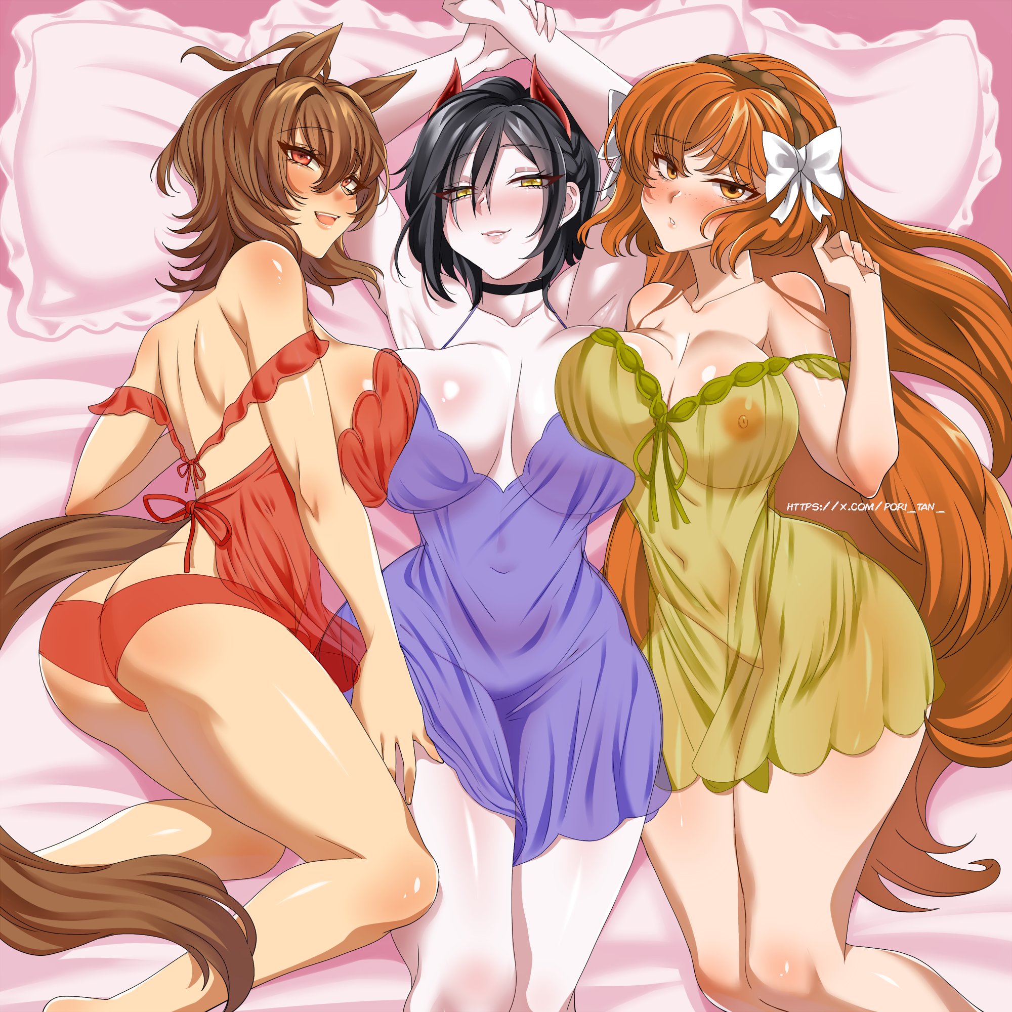 3girls, agnes tachyon (umamusume), azur lane, babydoll, bed, crossover, ishmael (limbus company), limbus company, pori tan , project moon, translucent, ulrich von hutten (azur lane), umamusume, valentine's day