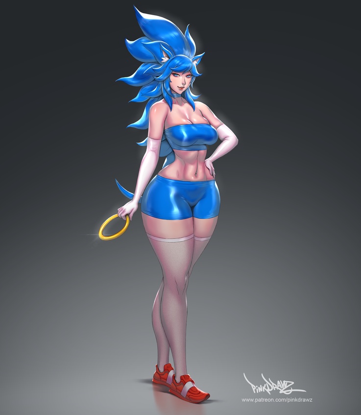 1girls, blue shorts, breasts, cleavage, elbow gloves, female, female only, genderswap (mtf), gloves, green eyes, latex, latex clothing, lips, personification, pinkdrawz, pointy ears, revealing clothes, rule 63, sega, shiny clothes, shoes, short shorts, shorts, sidelocks, skindentation, sneakers, solo, sonic (series), sonic the hedgehog, sonic the hedgehog (series), strapless, thighhighs, tight clothing, tube top, white gloves, white thighhighs