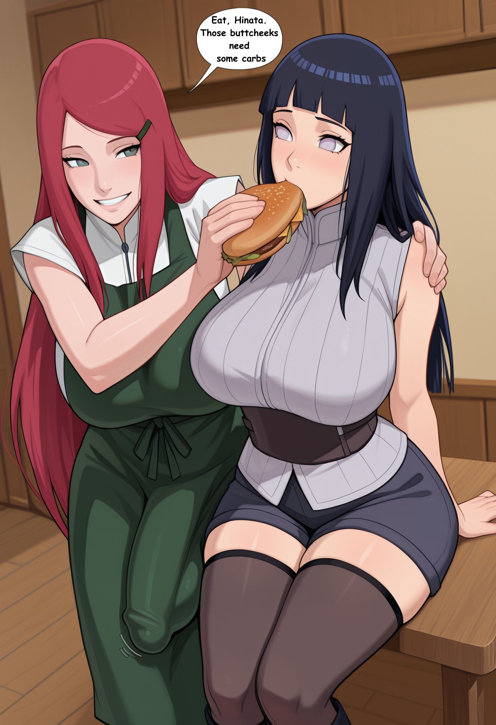 2girls, ai assisted, ai generated, bangs, big bulge, black hair, black legwear, blue eyes, blunt bangs, blush, breasts, bulging penis, eating, english text, eyebrows visible through hair, feeding, female/futa, food, futa with female, futanari, green eyes, hair ornament, hairclip, hinata hyuuga, holding, holding food, hyuuga hinata, hyuuga hinata (naruto: the last), indoors, kushina uzumaki, large breasts, long hair, looking at another, looking at viewer, mole, mother-in-law and daughter-in-law, multiple girls, naruto (series), naruto: the last, open mouth, original, pants, penis bulge, red hair, shirt, short hair, short shorts, shorts, sitting, skirt, smile, speech bubble, sweater, talking, talking to another, thighhighs, thighs, turtleneck, uzumaki hinata, uzumaki kushina, waifu judge, white shirt