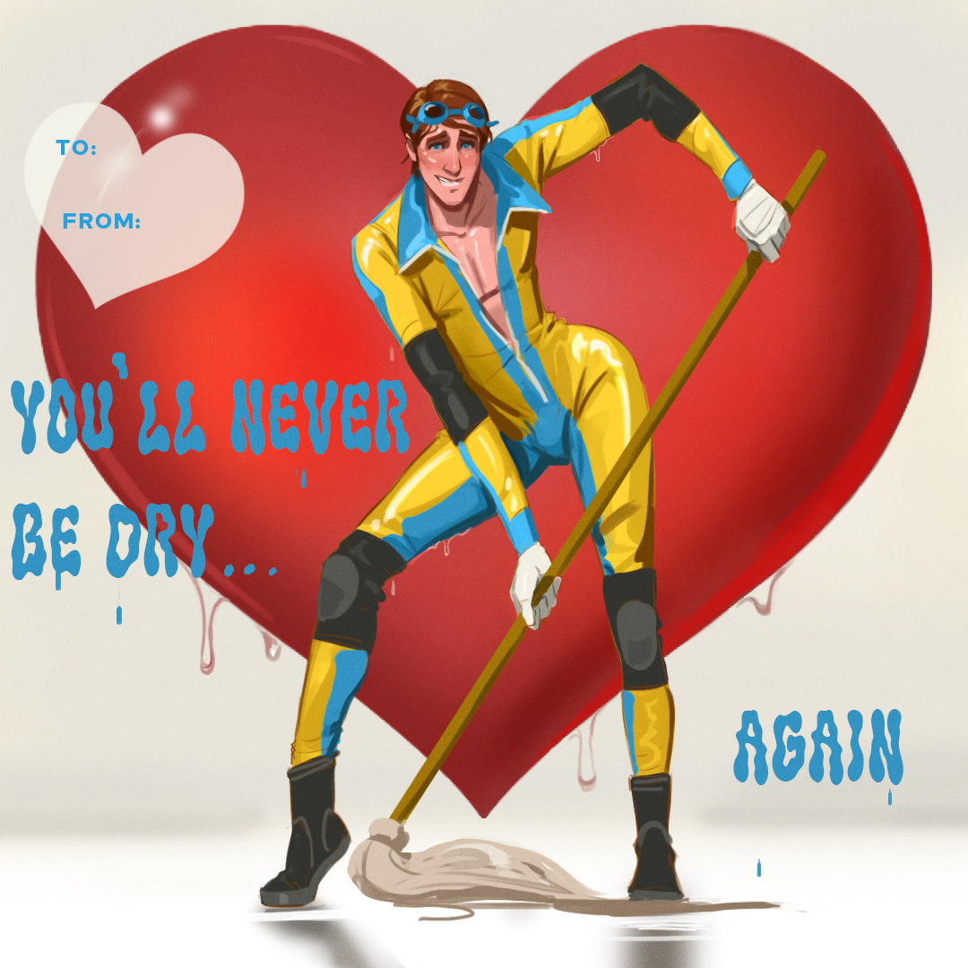 ass out, awkward, awkward pose, awkward smile, blush, derek stratton, dispatch (game), hips, innuendo, male only, mop, mopping, official art, pinup, pose, pun, revealing clothes, rubber suit, sexy, tagme, tall, tease, teasing, text, tippy toes, unzipped, unzipped bodysuit, valentine, valentine's day, valentine's day card, valentines day card, waterboy (dispatch), wet, wet body, wet hair, wet pussy, wet skin, wetsuit