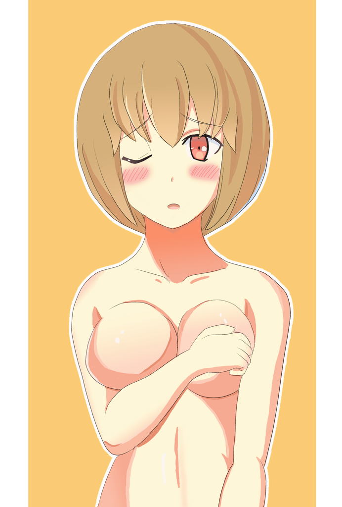 blush brown_eyes brown_hair devil_survivor_2 female large_breasts nitta_io nude pointy_chin short_hair solo