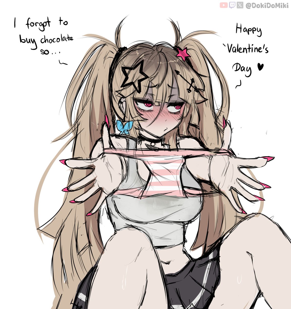 1girls, blonde hair, butterfly, butterfly earrings, clothed, clothed female, dokidomiki, earrings, female, female only, femcel, fingernails, girlfailure, holding underwear, long hair, medium breasts, miki (dokidomiki), panties, presenting panties, skirt, solo, sweat stain, tagme, tagme (character), thick thighs, twitter, twitter user oc, valentine's day, valentines day, watermark