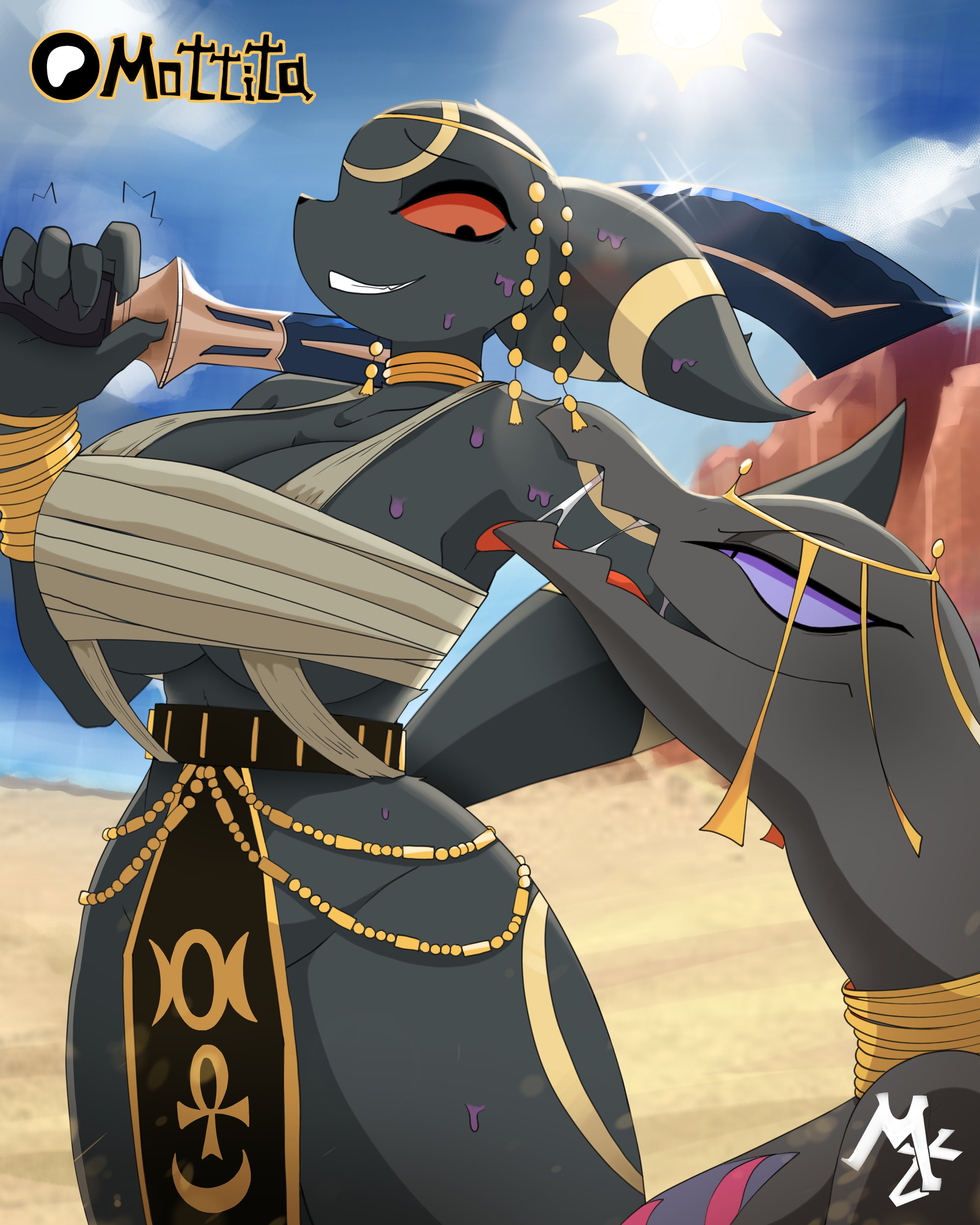 anthro, armpit fetish, armpit licking, big breasts, furry, grin, mottita (artist), pokemon, red eyes, sweat, sweating, thick thighs, umbreon