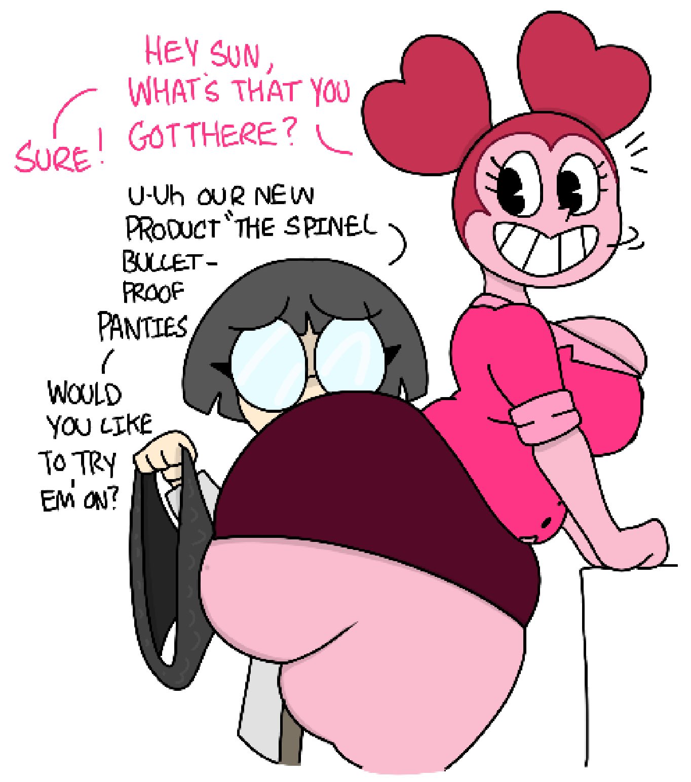 2026, 2d, 2d (artwork), 2girls, ass bigger than head, ass focus, ass up, big breasts, big penis, cartoon network, doctor, exposed ass, gem, gem (species), panties, product placement, smiling, spinel (steven universe), steven universe, tagme, theslashfive, tight clothing