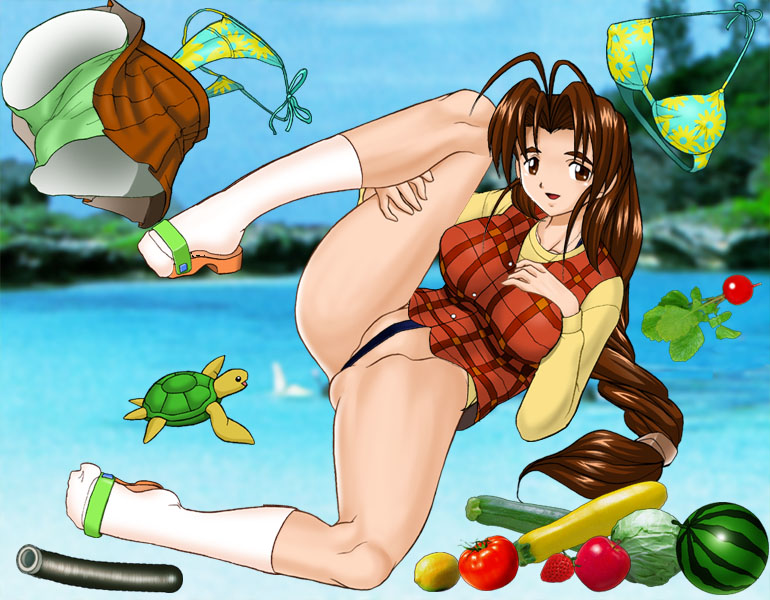 bikini brown_hair crotch_strap footwear fruit love_hina otohime_mutsumi pointy_chin socks spread_legs swimsuit