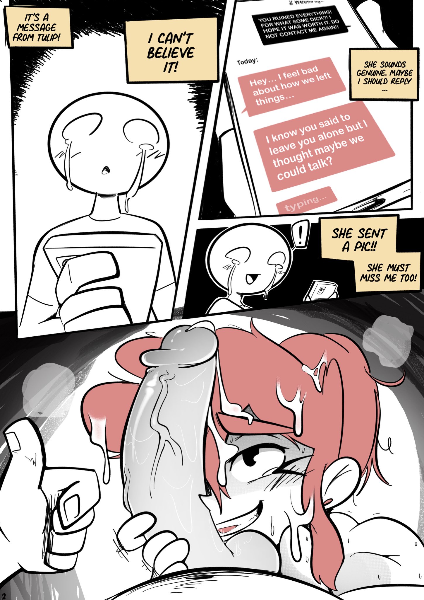 1girls, 2boys, 2boys1girl, balls, ballsack, big penis, black and white, cheating, crying, crying male, cum, cum on face, cum on hair, dialogue, dialogue box, english text, female, joshin, male, malesub, netorare, penis, penis on face, pink hair, smartphone, text, tulip (joshin)