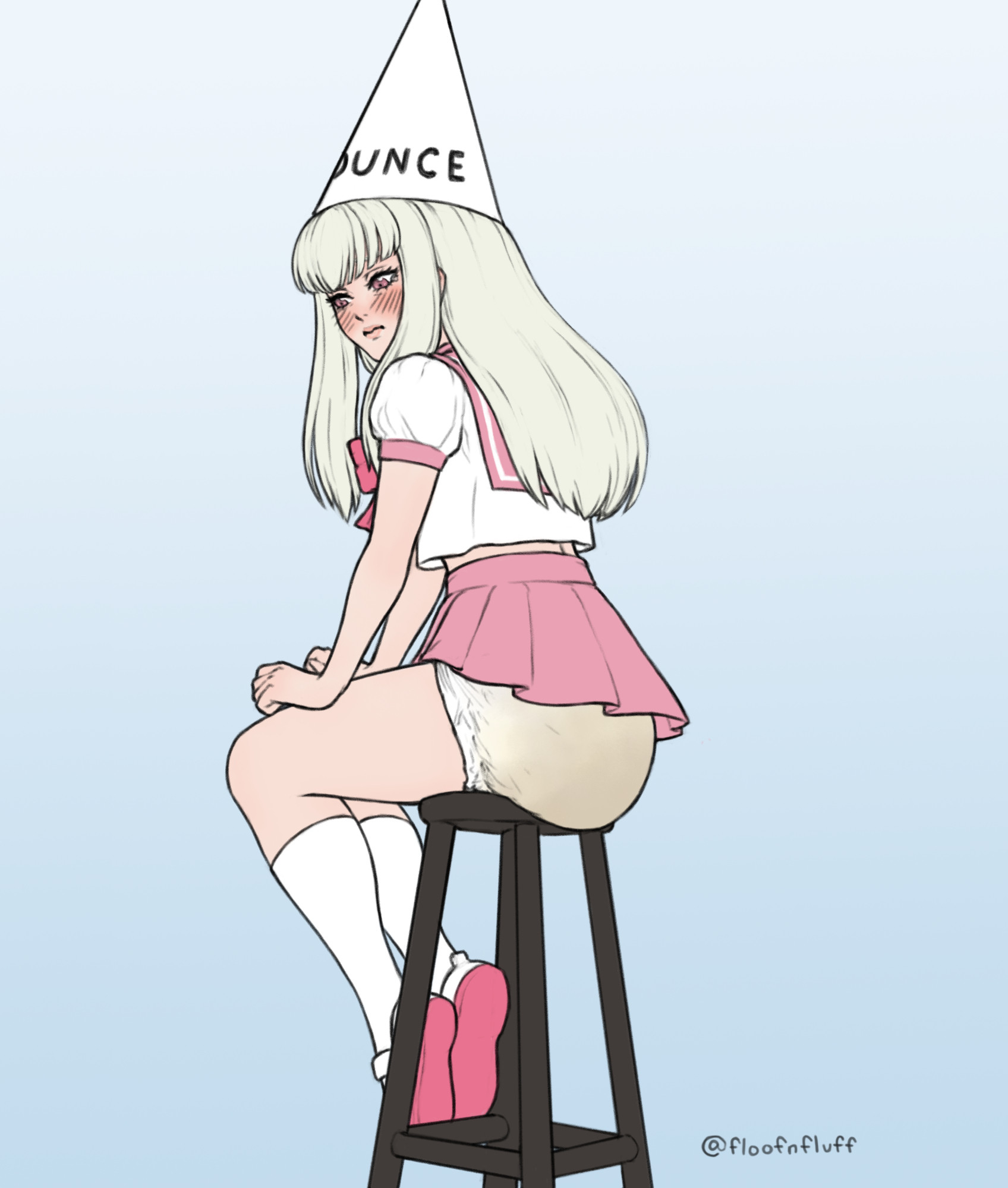 1girls, artist name, diaper, dunce cap, embarrassed, female, fire emblem, fire emblem: three houses, floofnfluff, looking away from viewer, lysithea von ordelia, simple background, solo, solo female, solo focus, stool (chair), used diaper, wearing diaper, white hair