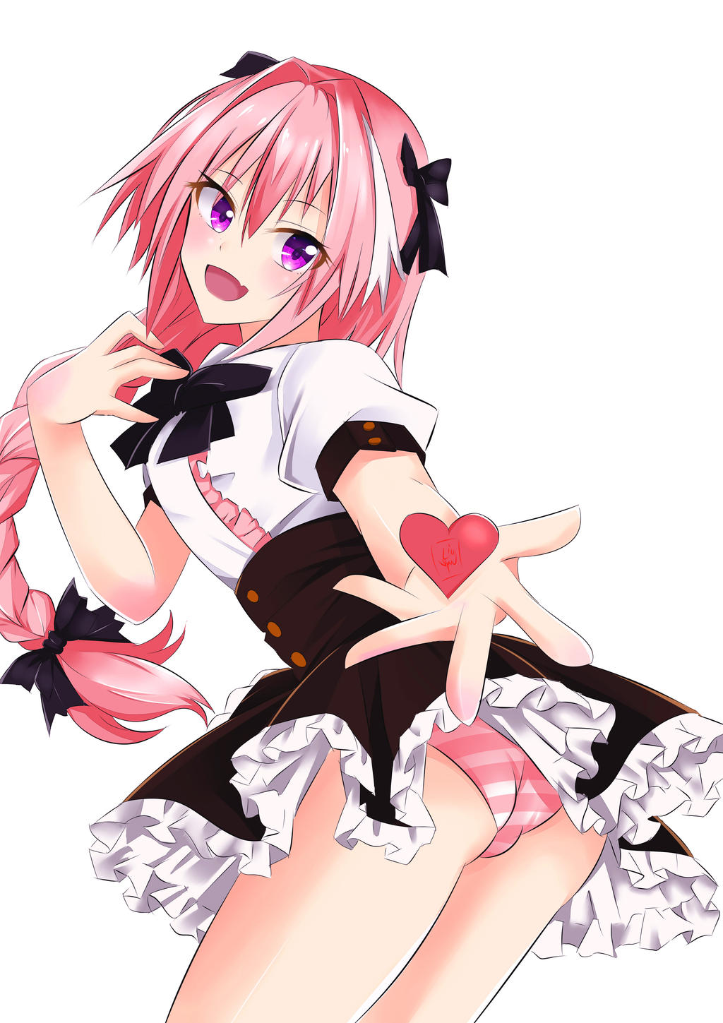 1boy, 1femboy, ass, astolfo (fate), astolfo (fate/apocrypha), astolfo (saber) (fate), astolfo (sailor paladin) (fate), cute, cute expression, cute eyes, cute face, cute male, fate (series), fate/apocrypha, fate/grand order, femboy, gift, heart, heart in hand, light-skinned male, looking at viewer, maid, male, male only, open mouth, panties, pantyhose, pink hair, skirt, skirt lift, smile, smiling, smiling at viewer, solo, valentine's day, white background
