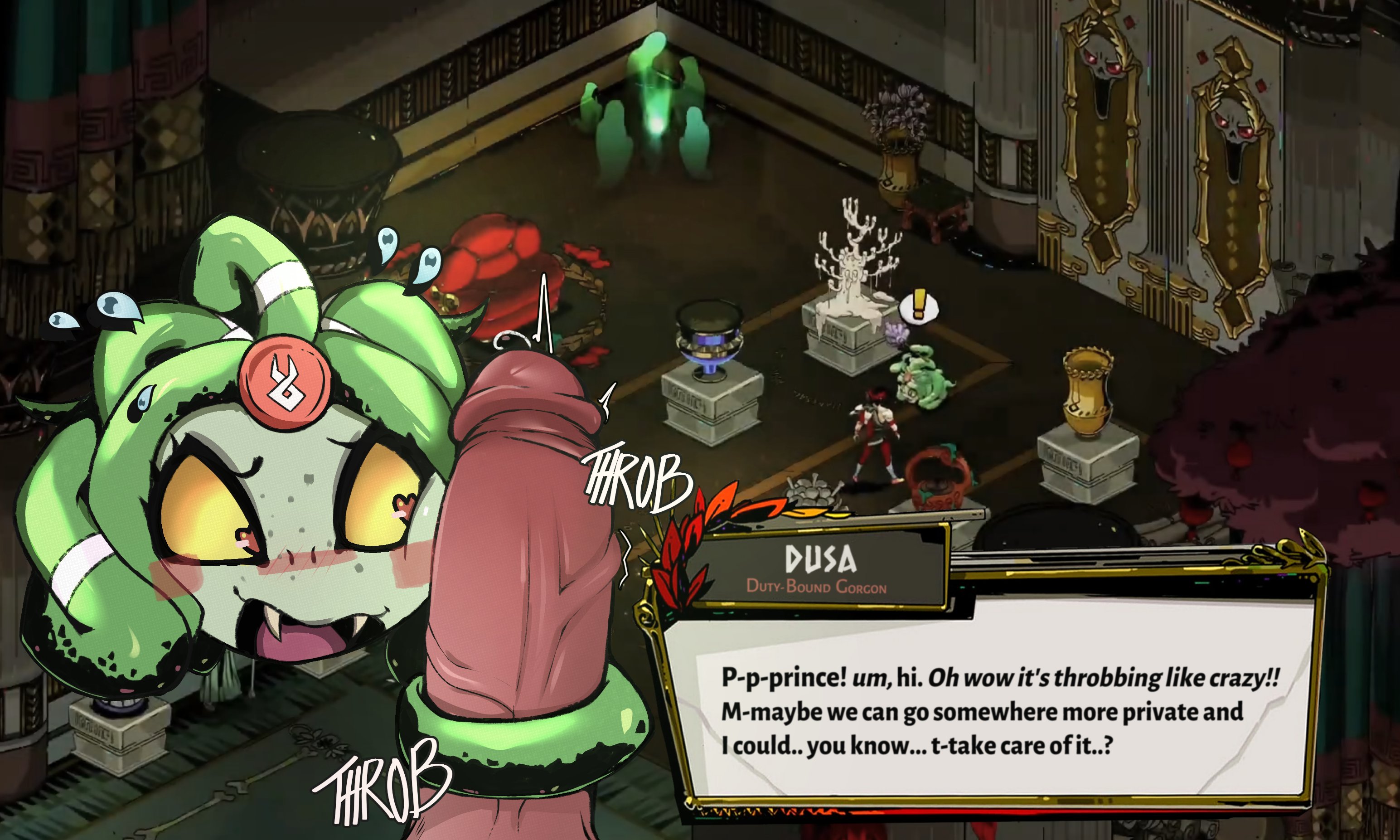 1boy, 1girls, bluper, blush, dialogue, dusa (hades), fangs, female, game screenshot, game ui, hades (game), hairjob, heart-shaped pupils, male, screenshot, snake hair, supergiant games, text