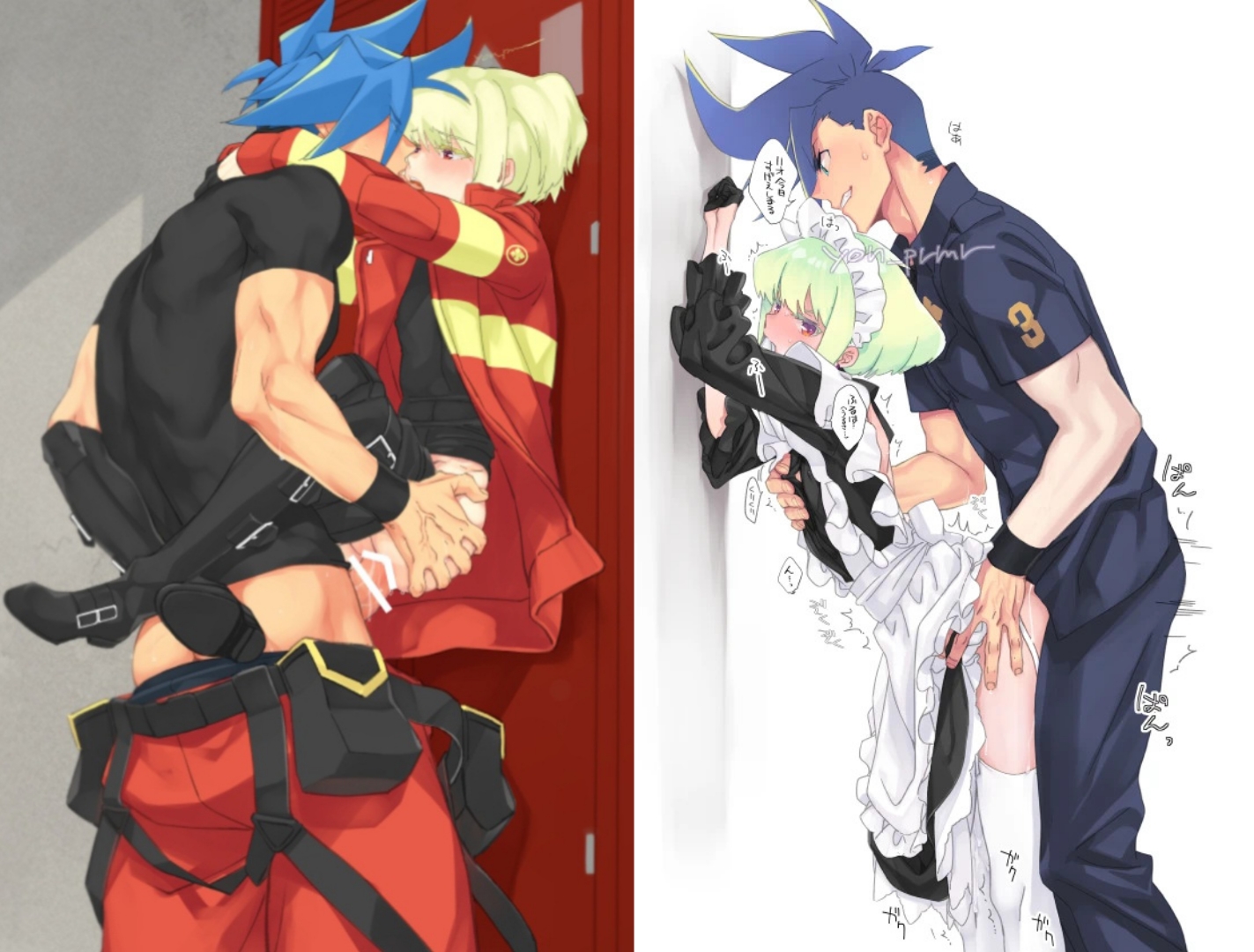 1femboy, 2boys, anal, anal sex, androgynous, ass grab, blush, bob cut, crossdressing, domination, embarrassed, femboy, femboy penetrated, galo thymos, gay, gay sex, legs around partner, lifting person, lio fotia, maid, maid headdress, maid outfit, maid uniform, male, petite, petite body, petite male, promare, short hair, size difference, slim, slim male, slim waist, stockings, text, thighhighs, twink, yaoi