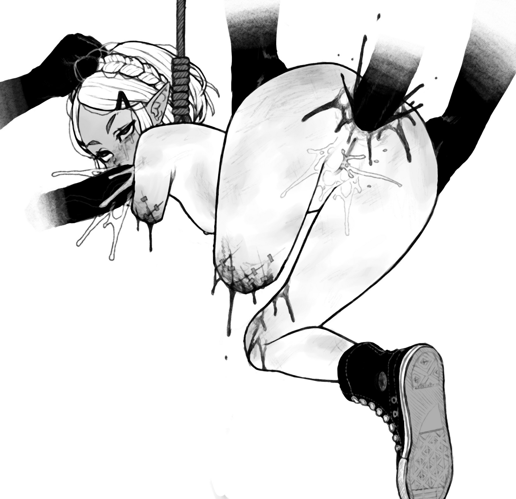 all fours, amputation, amputee, anal, anal insertion, anal sex, anus, blood stain, bluesalm0n, converse, corpse, corpse fuck, dead, death, drool, extreme content, female, female death, female focus, fluids, gangbang, gangrape, guro, monochrome, necrophilia, noose, on floor, on ground, oral, princess zelda, pussy, ryona, saliva, shoes only, short hair, small breasts, snuff, straight, tears of the kingdom, the legend of zelda, violation, zelda (tears of the kingdom)