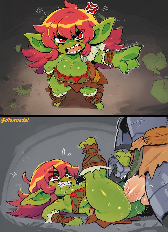 1boy, ai assisted, ai generated, angry, angry face, armor, big breasts, bigger male, dlewdedai, female, female focus, goblin, goblin female, green skin, human, human on humanoid, humanoid, humanoid penis, instant loss, instant loss 2koma, leg grab, muscular, red hair, shortstack, size difference, smaller female, thick, thick thighs, toned female, unseen male face