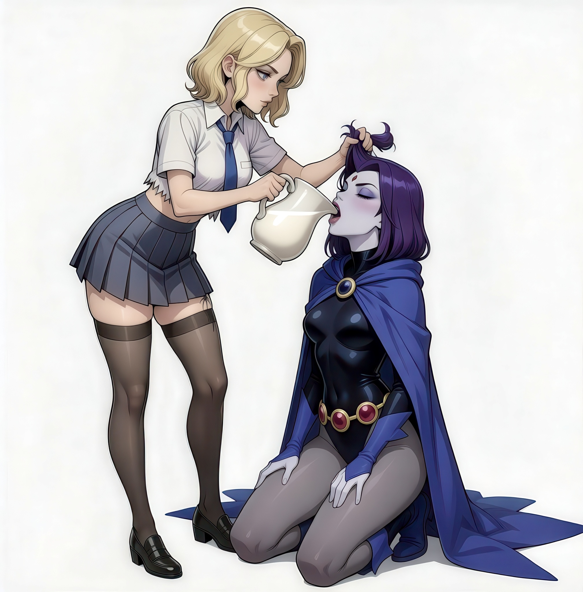 ai generated, blonde hair, crossover, dc comics, dominant female, domination, goth girl, gwen stacy, gwen stacy (spider-verse), marvel, marvel comics, raven (dc), spider-gwen, spider-man: into the spider-verse, teen titans, yuri