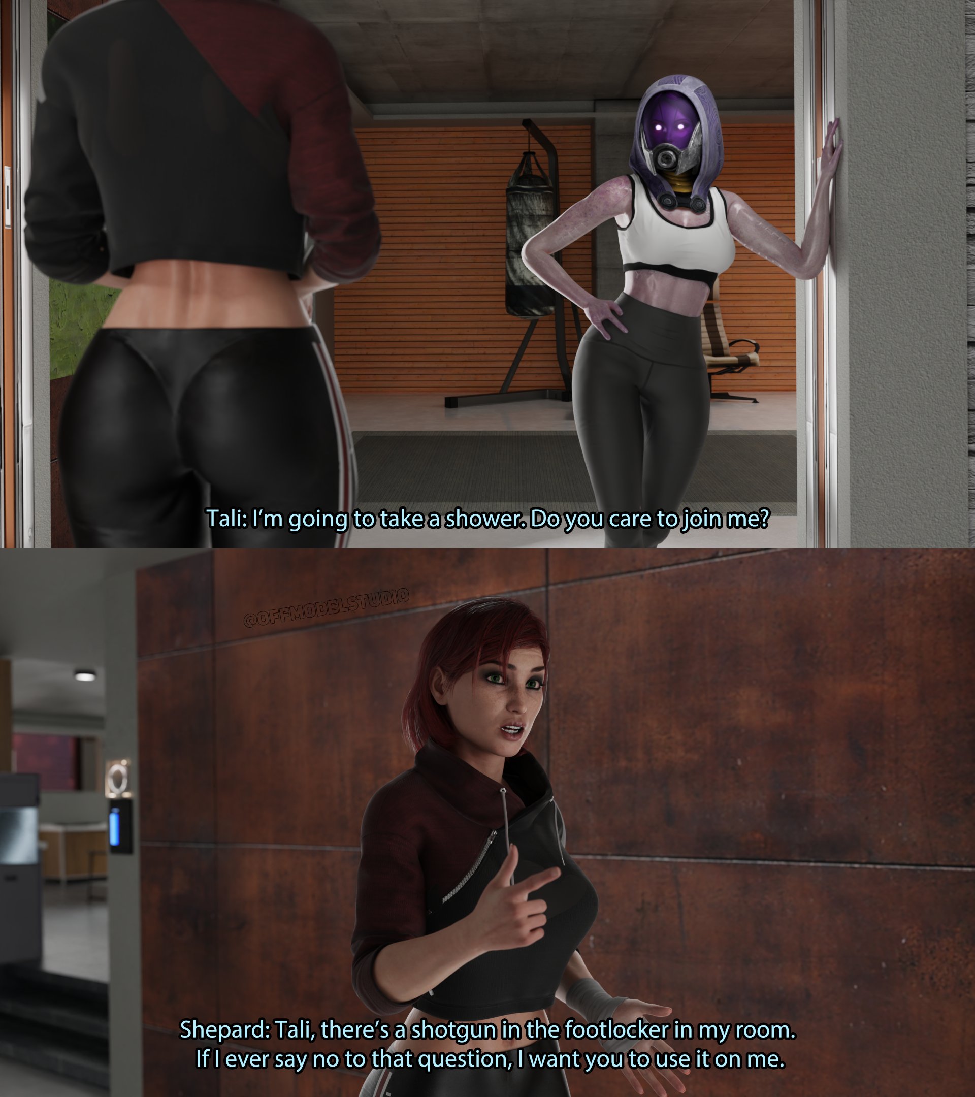 2girls, 3d, 3d (artwork), bioware, black leggings, black legwear, commander shepard, crop top, cropped jacket, english text, female, female focus, female only, femshep, latex, latex clothing, latex leggings, latex legwear, leggings, mass effect, offmodelstudio, quarian, science fiction, tali'zorah nar rayya
