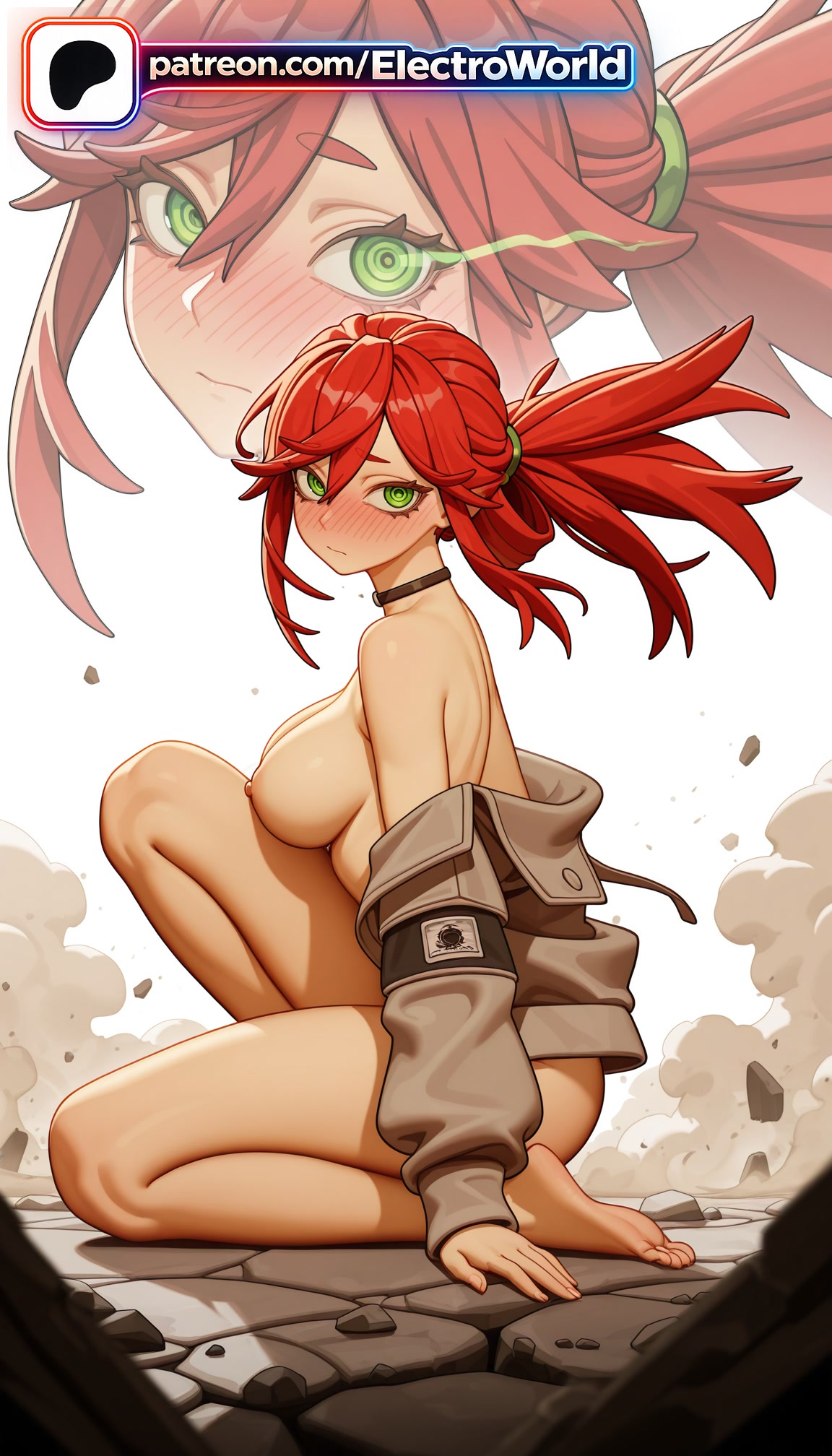 1girls, 2026, ai generated, artist name, barefoot, blush, breasts, bust, chest, electroworld, exposed nipples, female, gachiakuta, green eyes, hi res, high quality, high resolution, highres, long hair, nipples, nipples outside, nose blush, patreon, patreon username, ponytail, red hair, riyou reaper, solo, stable diffusion, watermark