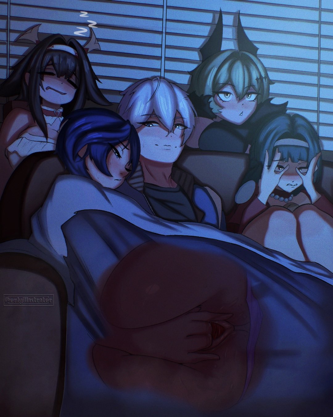 1boy, 4girls, astra yao, belle (zenless zone zero), blue hair, blush, brother and sister, caesar king, female, fingering, fingering partner, hidden sex, highres, hoyoverse, incest, male, mihoyo, onlyillastrator, sleeping, stealth sex, taboo, under the covers, unknowing bystander, watching tv, wise (zenless zone zero), ye shunguang, ye shunguang (touch of dawnlight), zenless zone zero