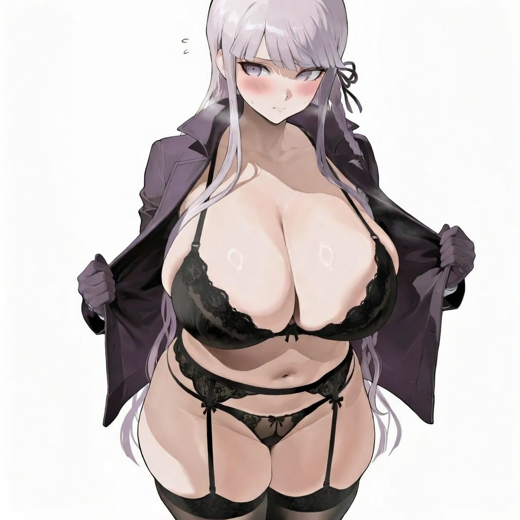 1girls, ai generated, big breasts, black bra, black panties, blush, breasts, curvy, danganronpa, danganronpa: trigger happy havoc, garter belt, garter straps, gloves, huge breasts, jacket, kirigiri kyouko, kyoko chan3, large breasts, long hair, looking away, purple eyes, purple hair, shy, solo female, standing, stockings, taking clothes off, thick, thighs, tummy, underwear, white background, wide hips