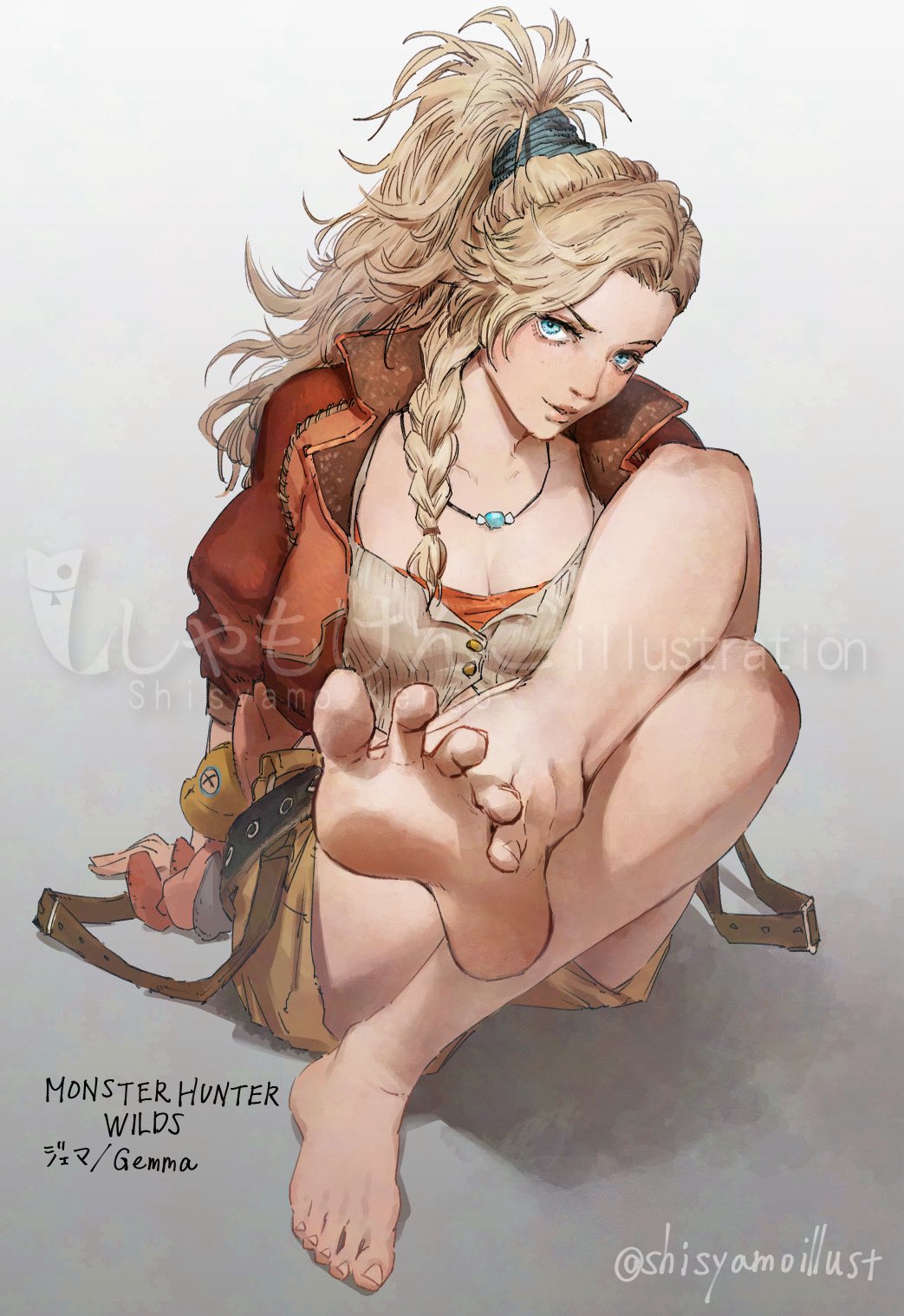 1girls, 2d, barefoot, blonde hair, blue eyes, capcom, cleavage, feet, female, foot focus, gemma (monster hunter wilds), monster hunter, monster hunter wilds, pendant, plushie, ponytail, shishamo (shisyamo), sitting, soles, solo, toes