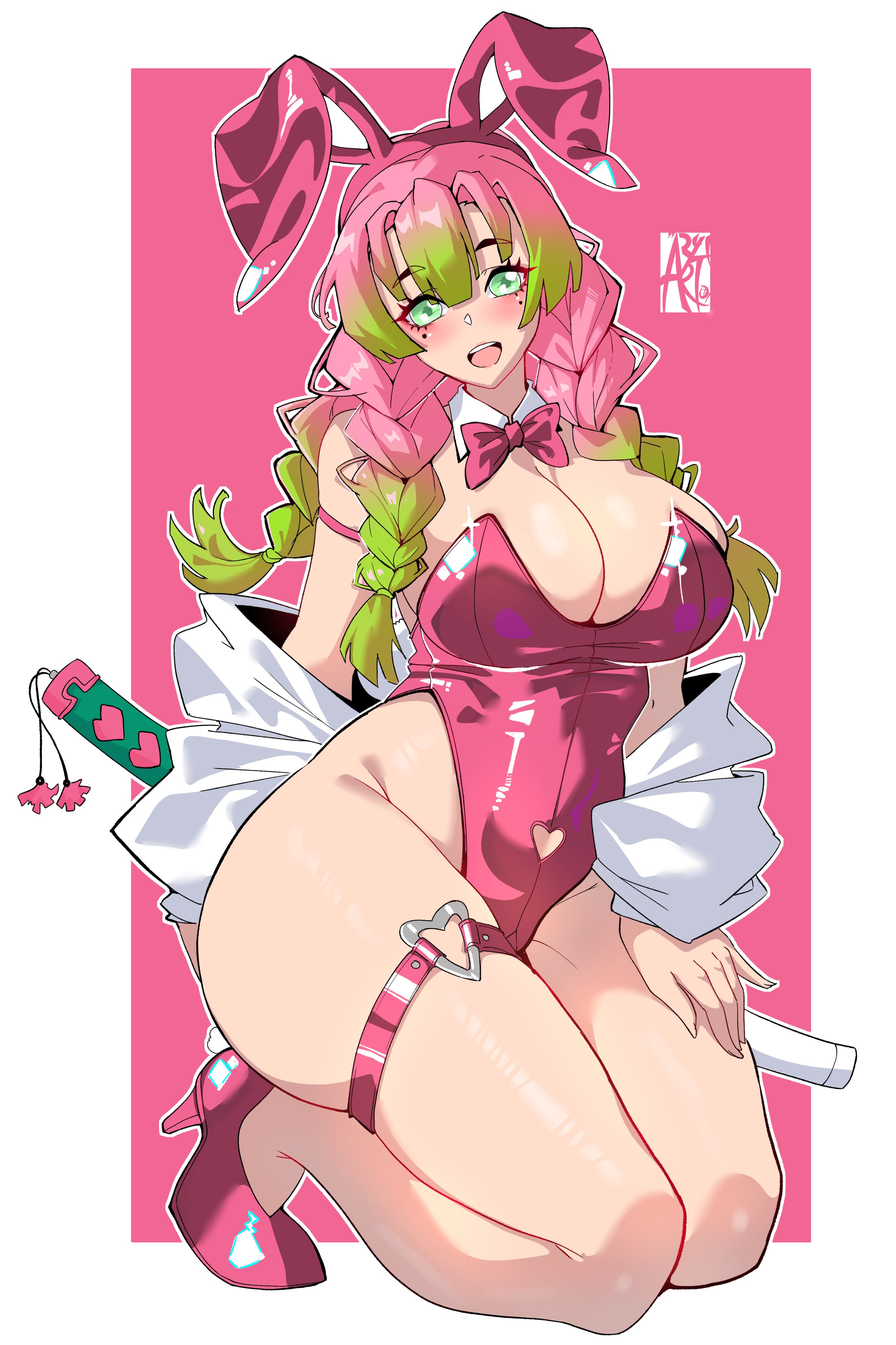 :d, 1girls, absurdres, alternate costume, animal ear hairband, animal ears, aryi077, big breasts, border, bow, bowtie, braid, breasts, cleavage, commentary, covered navel, fake animal ears, fake tail, female, female only, full body, gradient hair, green eyes, green hair, hairband, high heels, highres, jacket, jacket partially removed, kanroji mitsuri, kimetsu no yaiba, kneeling, large breasts, leotard, long hair, looking at viewer, mole, mole under eye, multicolored hair, off shoulder, open mouth, pink background, pink bow, pink bowtie, pink hair, pink leotard, pink shoes, pink-haired female, rabbit ear hairband, rabbit ears, rabbit tail, shoes, simple background, smile, solo, strapless, strapless leotard, tail, thighs, two-tone hair, white border, white jacket