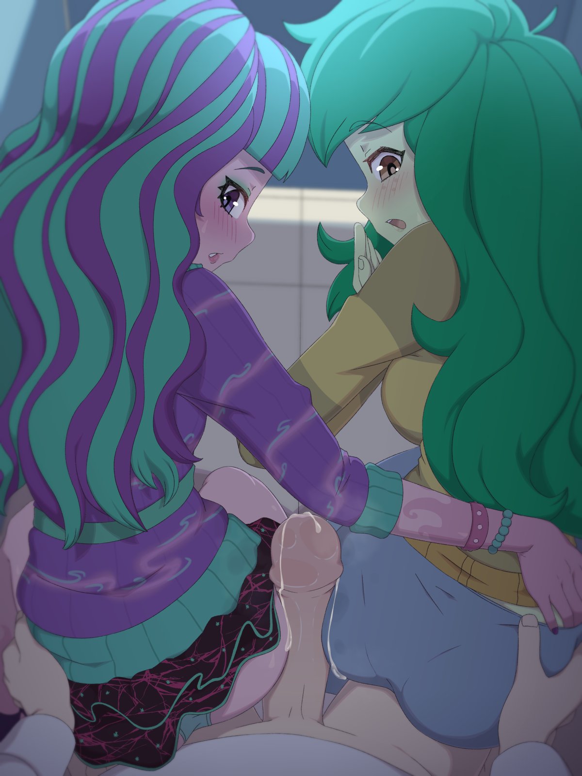 anime, anime style, ass, ass focus, assjob, assjob paizuri, assjob through clothes, autistic female, blush, crossover, cum, double assjob, equestria girls, erect penis, erection, fully retracted foreskin, green hair, hand on ass, hand under clothes, miniskirt, monster girl, monster high, monster high g3, multicolored hair, my little pony, panties, panties visible through clothing, pantylines, partial male, penis out, rockset, semen, shy, shy expression, sideboob, sweater, threesome, twyla, twyla boogeyman g3, wallflower blush (eg), wet penis