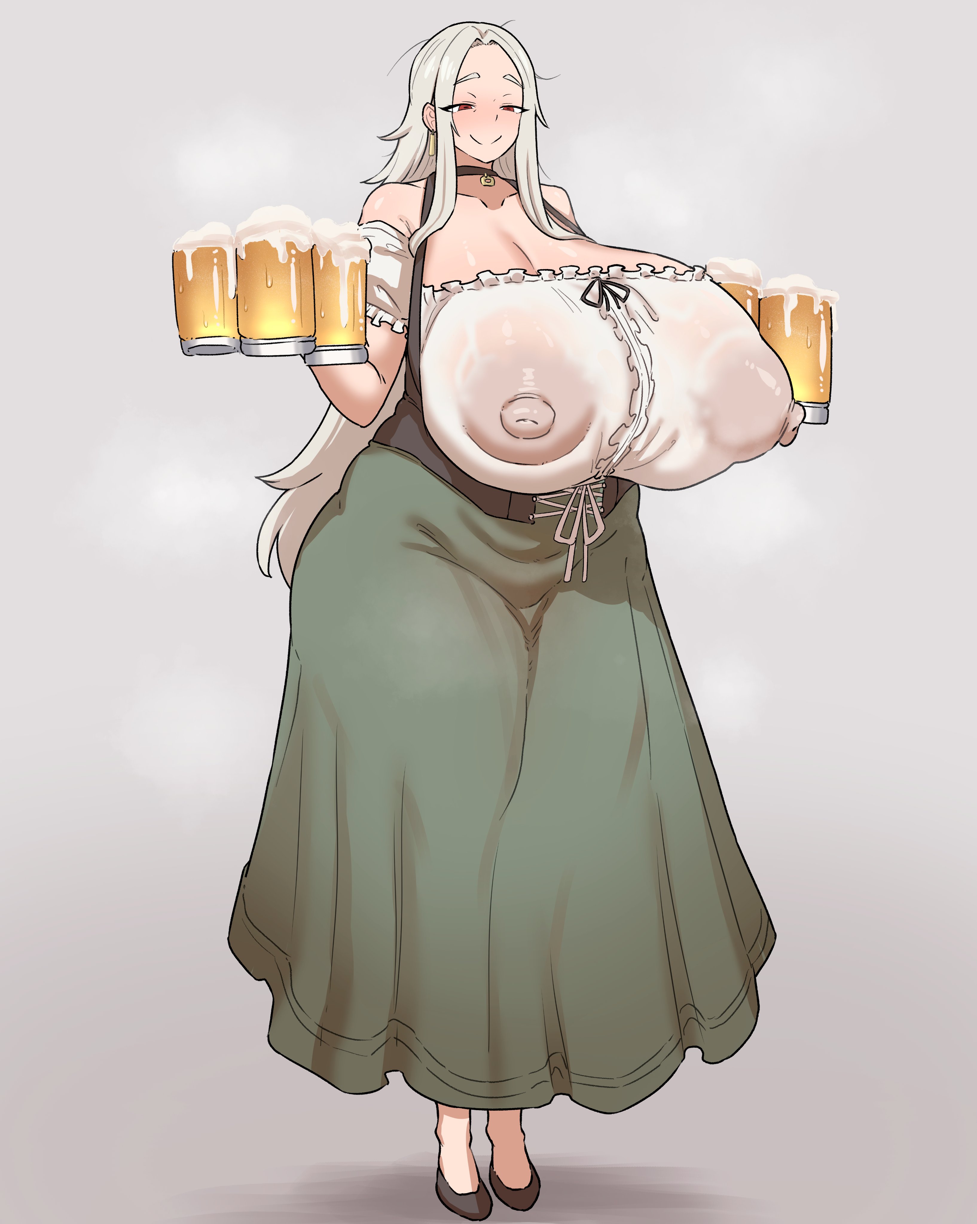 1girl, alcohol, barmaid, beer, beer mug, black choker, black corset, black shoes, blouse, blush, breasts, choker, corinna21210534, corset, covered erect nipples, cross-laced clothes, cross-laced corset, cup, drinking glass, earrings, gigantic breasts, green skirt, grey background, high heels, holding, holding cup, jewelry, large areolae, long hair, long skirt, mature female, mug, nipples, off shoulder, off-shoulder shirt, original, pendant choker, plump, red eyes, see-through clothes, see-through shirt, shirt, shoes, skirt, smile, solo, standing, waitress, white hair, white shirt