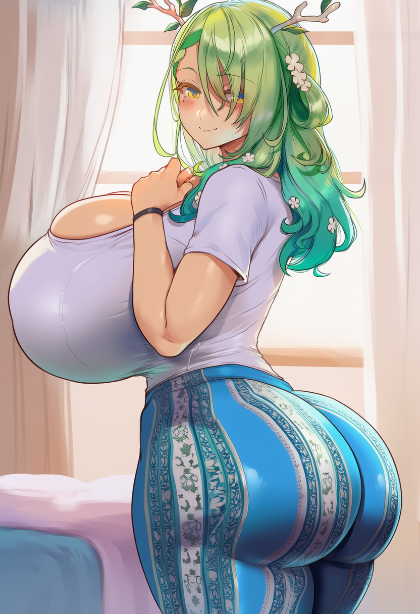 ai_generated ceres_fauna flare_pants flashing_breasts forbidden_pants huge_breasts skindentation squished_breasts tight_clothing