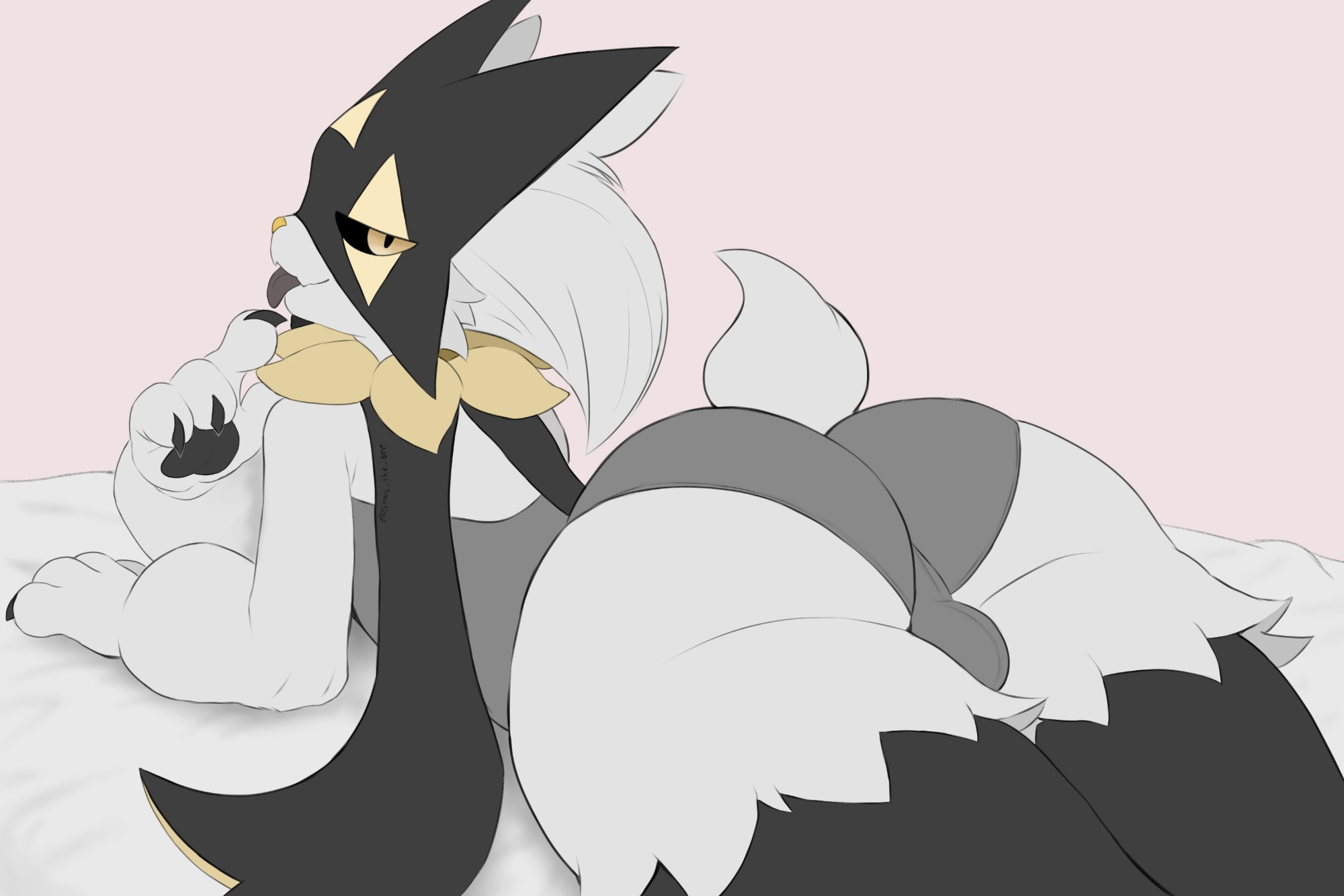 1boy, bedroom eyes, bulge, looking at viewer, looking back, lying, lying on stomach, male meowscarada, meowscarada, pokemon, seductive, seductive look, seductive pose, shay the one, sole male, sticking out tongue, tagme, tongue out