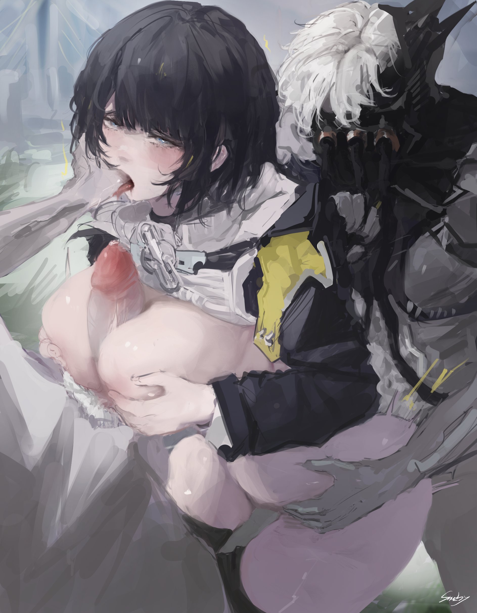 1girls, 2boys, ahe gao, boby 069, endministrator (arknights: endfield), female, female endministrator (arknights: endfield), finger in another's mouth, hi res, male, paizuri, rape, sex, snuzby nw, titjob