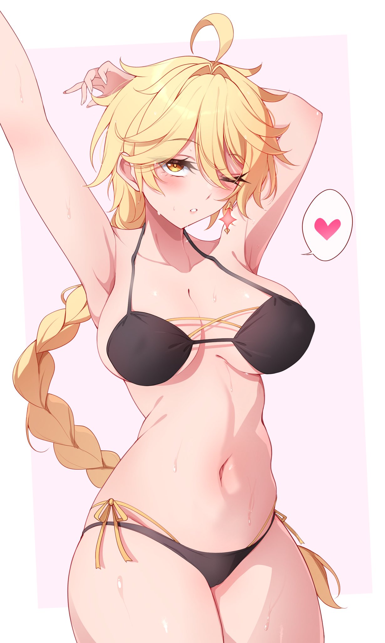1girls, aether (genshin impact), ahoge, armpits, arms up, bikini, blonde hair, blush, braid, female, genderswap (mtf), genshin impact, hoyoverse, long hair, midori 13579, mihoyo, rule 63, stretching