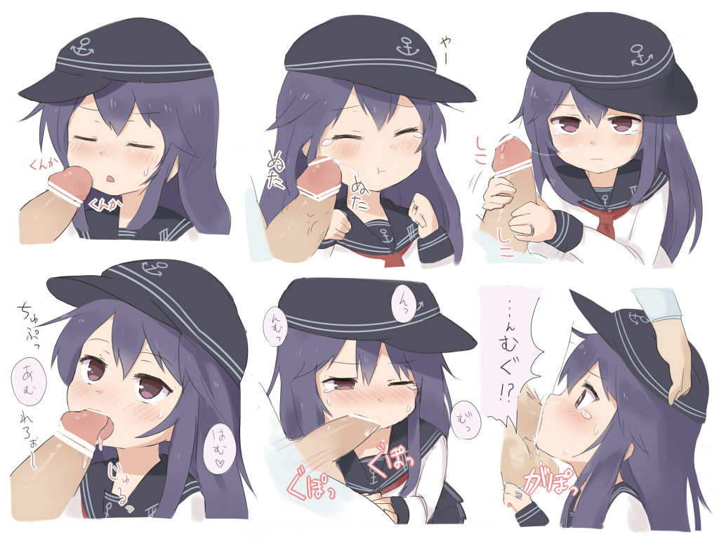 akatsuki_(kantai_collection) blush censored decho fellatio female hat kantai_collection long_hair multiple_views open_mouth oral penis penis_on_face pointless_censoring purple_eyes purple_hair school_uniform serafuku sweatdrop tears text translation_request