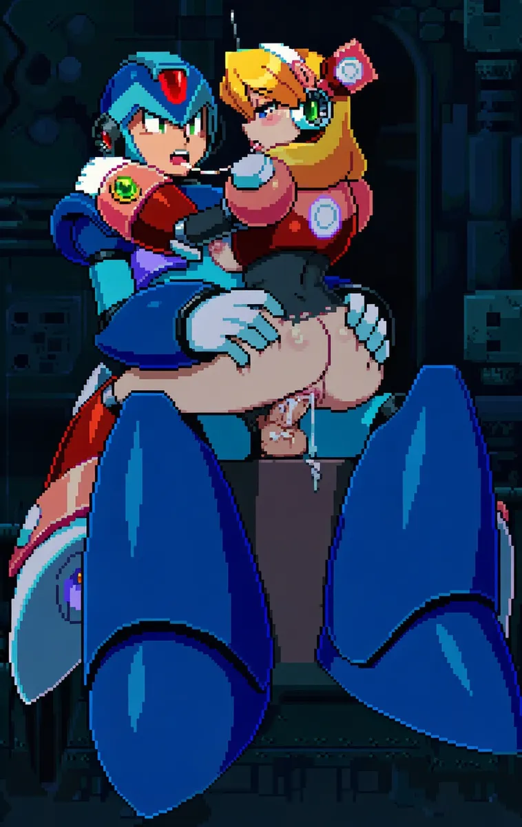 aeshi-xerk ai_generated alia almost_naked almost_nude black_bodysuit blonde_hair blue_eyes blush bodysuit cowgirl_position cum cum_in_pussy grabbing_ass green_eyes long_hair mega_man mega_man_x open_mouth pixel_art robot_girl saliva_on_tongue sex white_gloves x_(mega_man)