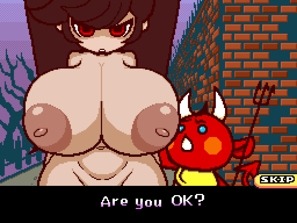 1boy 1girls ashley_(warioware) black_hair cyanu devil dialogue edit female glare glaring huge_breasts large_breasts male nintendo nude pixel_art red_(warioware) red_eyes red_skin shortstack text thick_thighs twintails warioware