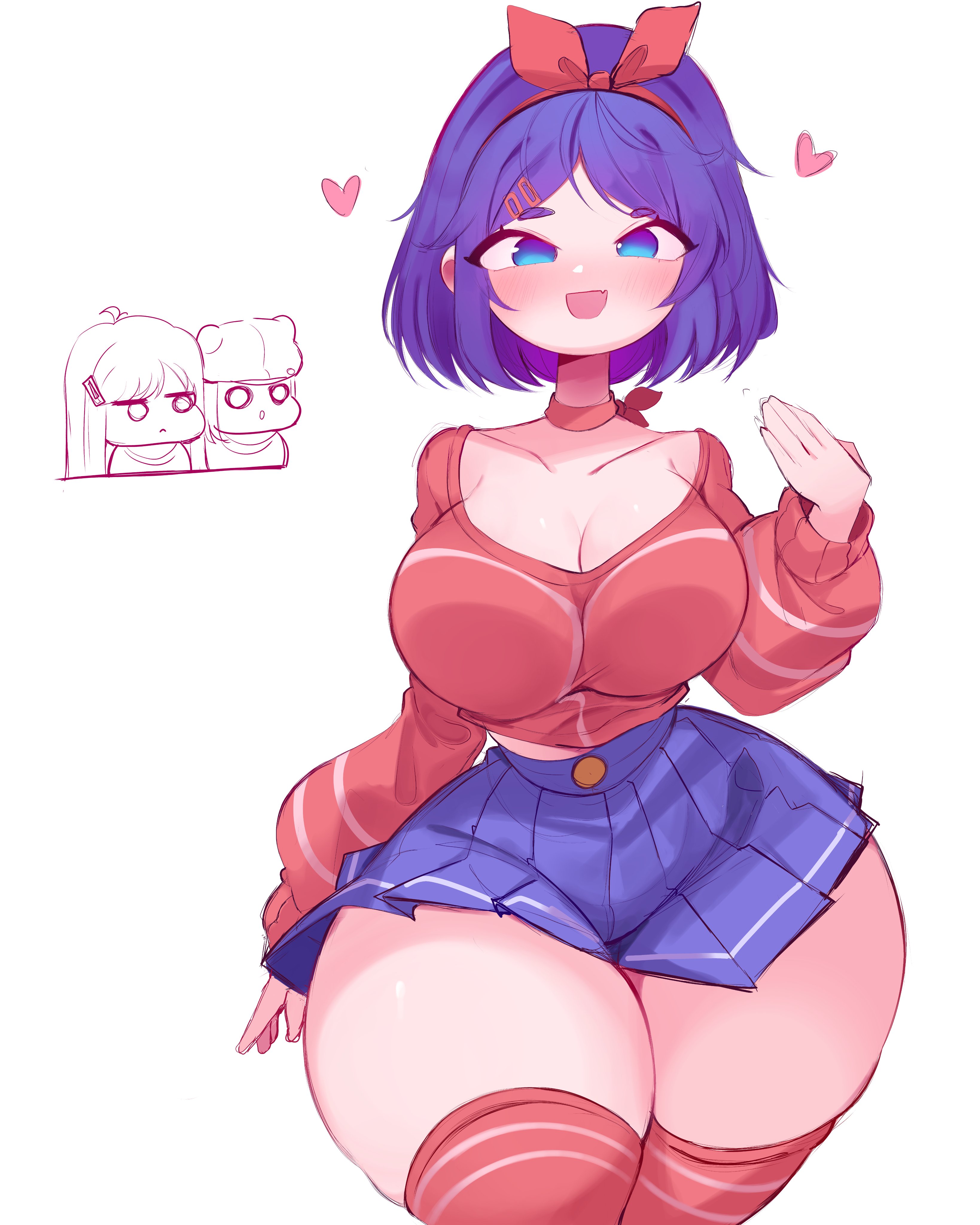 :d, blush, curvy, gigantic thighs, hourglass figure, huge breasts, hyper, hyper thighs, looking at viewer, miside, mita (miside), narrow waist, reinsleif, rox hoxten, short hair, short-haired mita, thick thighs, thighhighs, voluptuous, wide hips