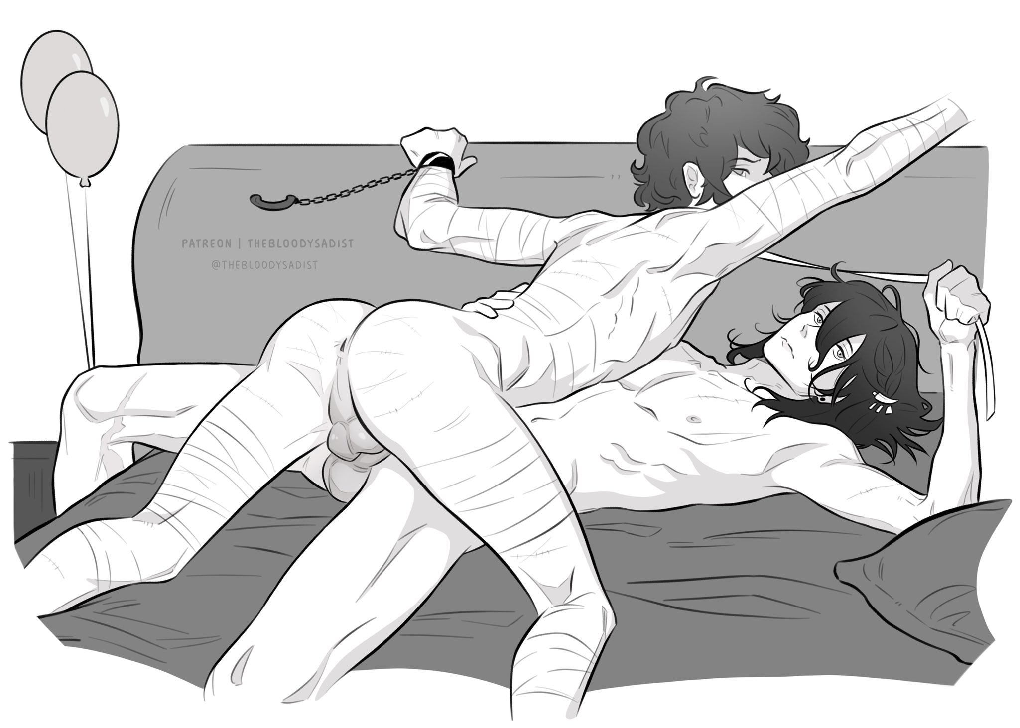 anus peek, ass focus, bungo stray dogs, dazai osamu, fyodor dostoevsky, gay, genitals touching, laying on bed, pretty boy, thebloodysadist, tied arms