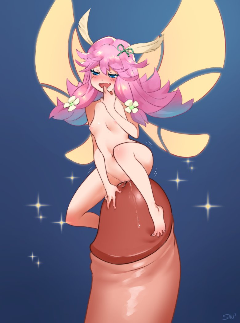 1boy, 1girls, blue eyes, cygames, dragalia lost, extreme size difference, fairy, fairy wings, female, flat chest, flat chested, flirting look, flirty, fully nude, giant, larger male, macro, male, male/female, micro, micro female, micro on macro, micro on penis, mini person, minigirl, minigirl on penis, naked, naked female, nintendo, notte, notte (dragalia lost), nude, nude female, offscreen character, offscreen male, penis, petite, petite body, petite female, pink hair, riding, riding penis, size difference, smaller female, straight, wings
