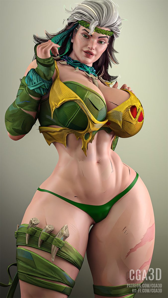 1girls, 3d, abs, ass, big ass, big breasts, breasts, brown hair, bush, cga3d, cleavage, dyed bangs, erotichris, female, female focus, female only, green eyes, light skin, lips, lipstick, looking at viewer, marvel, marvel comics, marvel rivals, navel, rogue (marvel rivals), rogue (savage land), rogue (x-men), solo, thick thighs, two-tone hair, watermark, white hair, x-men, yellow shirt
