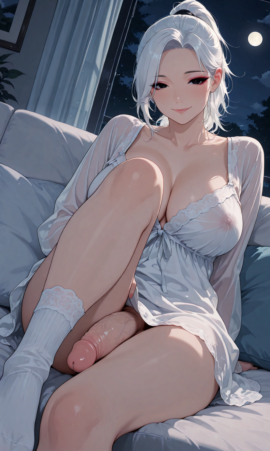 1futa, ai generated, big breasts, big penis, black eyes, breasts, dickgirl, fake art, flaccid, futa only, futanari, intersex, jamesbron, knee up, large breasts, large penis, legwear, long hair, looking at viewer, milf, night, nightgown, nipples, nipples visible through clothing, penis, ponytail, presenting penis, revealing penis, sitting, smile, socks, solo, solo futa, thighs, veiny penis, white hair, white legwear, wide hips