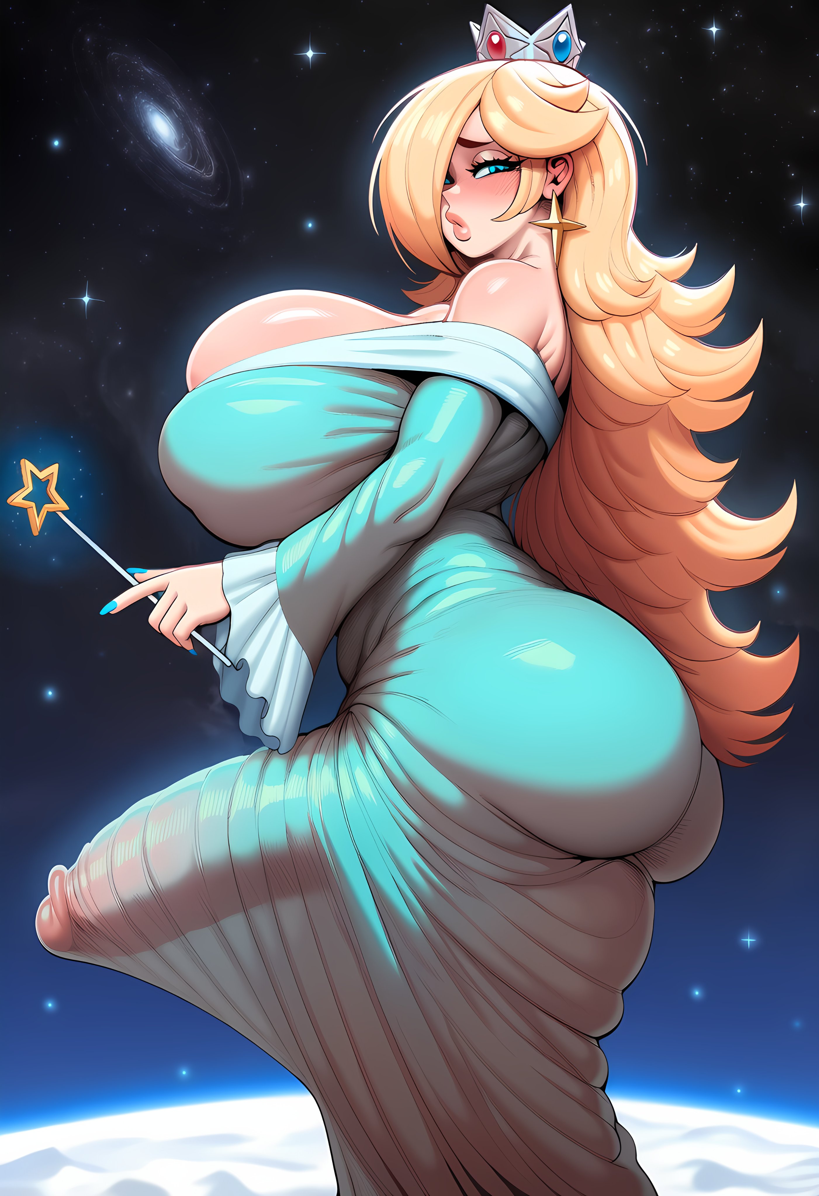 ai generated, artist request, big ass, big breasts, big penis, blonde female, blonde hair, blue eyes, breasts, breasts bigger than head, cleavage, cute, cute face, dress, female, female focus, futa only, futanari, hair over one eye, huge breasts, huge cock, hyper penis, mario (series), nintendo, one eye obstructed, princess rosalina, rosalina bulge (meme), solo, solo female, solo focus, solo futa, super mario bros. (2023 film), super mario galaxy, thick, thick ass, thick thighs, tight clothing, voluptuous, voluptuous female, wide hips