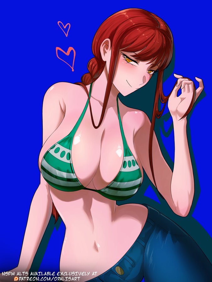 1girls, 3:4, absurd res, absurdres, adult, adult female, alternate version available, ass, bare hands, bare hips, bare midriff, bare shoulders, big breasts, bikini, bikini pull, bikini top, bikini top aside, bikini top only, bikini top pull, blue background, blue jeans, blurred background, blurry background, braid, braided hair, braided ponytail, breasts, busty, busty female, chainsaw man, cleavage, closed mouth smile, clothed female, collarbone, cosplay, curvaceous, curvaceous body, curvaceous female, curvaceous figure, curvaceous hips, curvaceous thighs, curvy, curvy body, curvy female, curvy figure, curvy hips, curvy thighs, denim, earrings, elbows, exposed arms, exposed hips, exposed midriff, exposed shoulders, exposed skin, eye contact, eyebrows visible through hair, female, female only, fingernails, fingers, fully clothed, green bikini, green bikini top, green swimsuit, green swimwear, grin, grinning, grinning at viewer, head tilt, hourglass figure, huge breasts, indoor, indoors, jeans, large breasts, lean figure, legs, light skin, light-skined female, light-skinned female, lips, long hair, looking at viewer, looking up, looking up at viewer, makima (chainsaw man), mature female, midriff, nails, nami (one piece), nami (one piece) (cosplay), narrow waist, one piece, opalis, opalisart, pants, patreon link, patreon username, ponytail, red hair, red-haired female, ring eyes, seductive grin, shiny breasts, shiny hair, shiny skin, shoulders, sidelocks, sitting, sitting on ass, sitting on floor, sitting on ground, sitting slender body, slender waist, slim female, slim waist, smile, smiley face, smiling at viewer, smirk, smooth skin, solo, swimsuit, swimsuit pull, swimwear, tattoo, thick thighs, thighs, thin waist, tilted head, upper body, wasp waist, white bikini, white bikini top, white swimsuit, white swimwear, wide hips, yellow eyes, yellow-eyed female