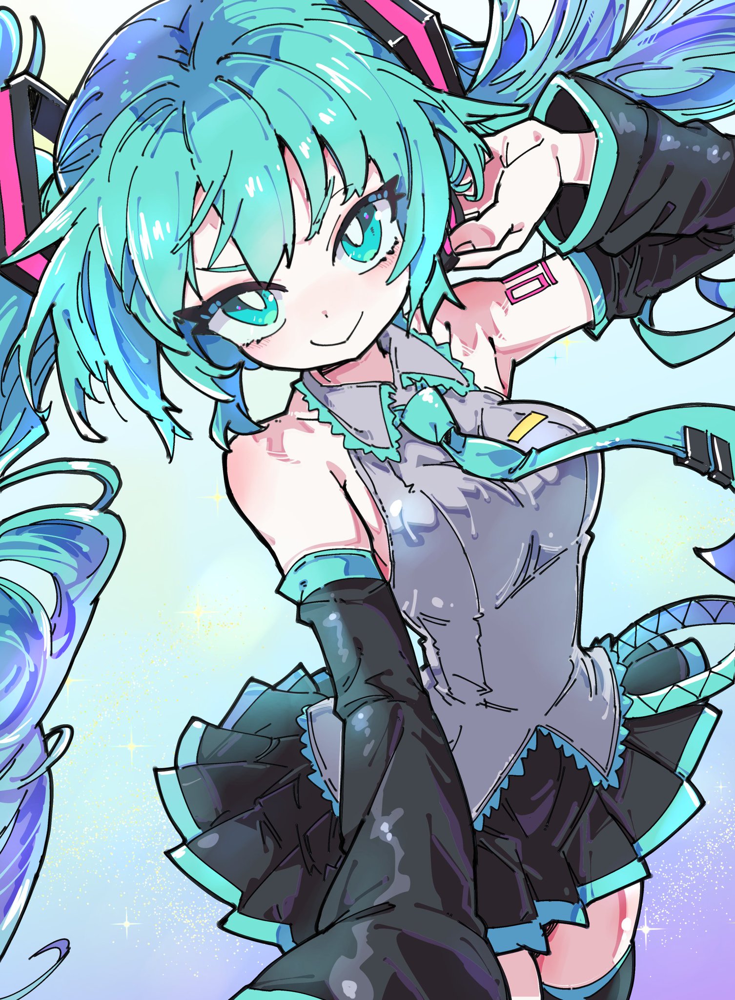1girl, aqua eyes, aqua hair, aqua necktie, bangs, bare shoulders, big breasts, black skirt, black sleeves, black thighhighs, black tie, blue background, blue hair, breasts, bright pupils, closed mouth, cowboy shot, cyan eyes, cyan hair, detached sleeves, green eyes, green hair, grey shirt, hair ornament, hatsune miku, huge breasts, long hair, looking at viewer, medium breasts, necktie, pleated skirt, shirt, shoulder tattoo, skirt, sleeveless, sleeveless shirt, smile, solo, tattoo, thighhighs, thighs, tie, twintails, very long hair, vocaloid, white pupils, zettai ryouiki